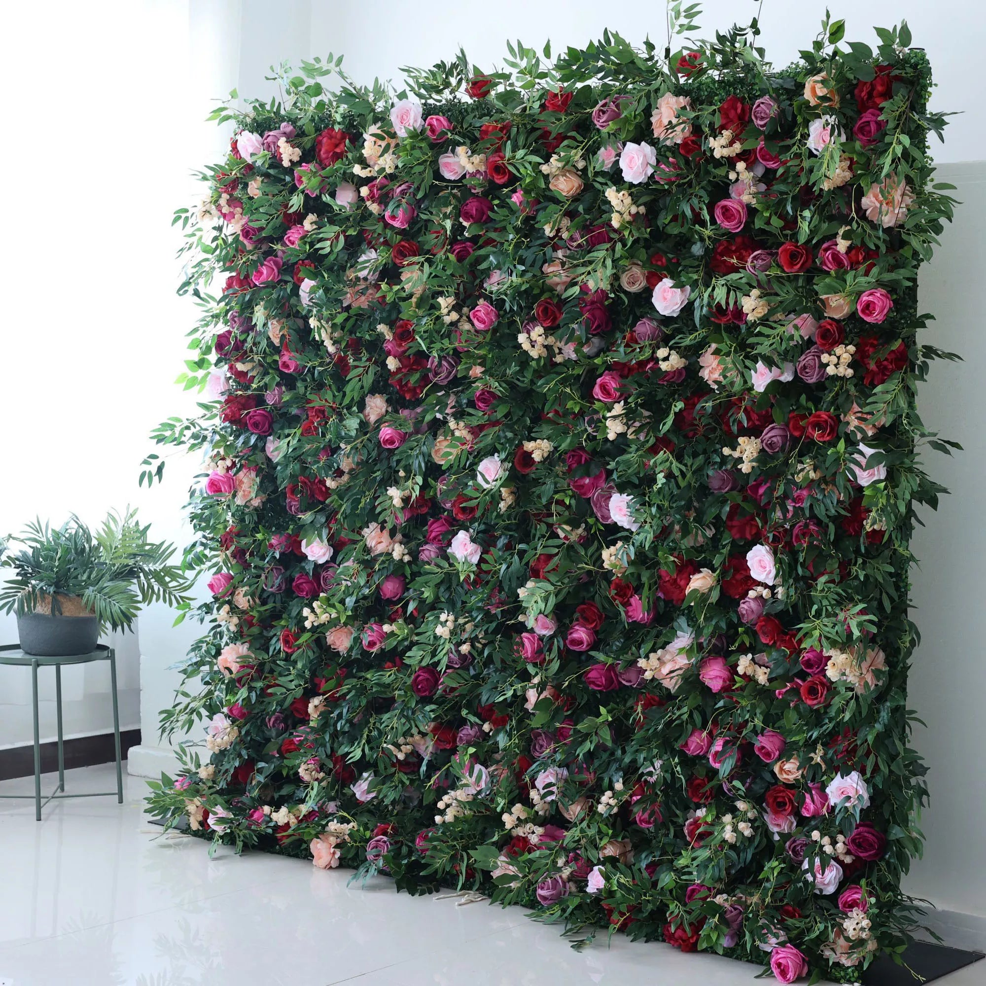 Valar Flowers artificial green mixed with pink, purple, and white roll up fabric floral wall backdrop6