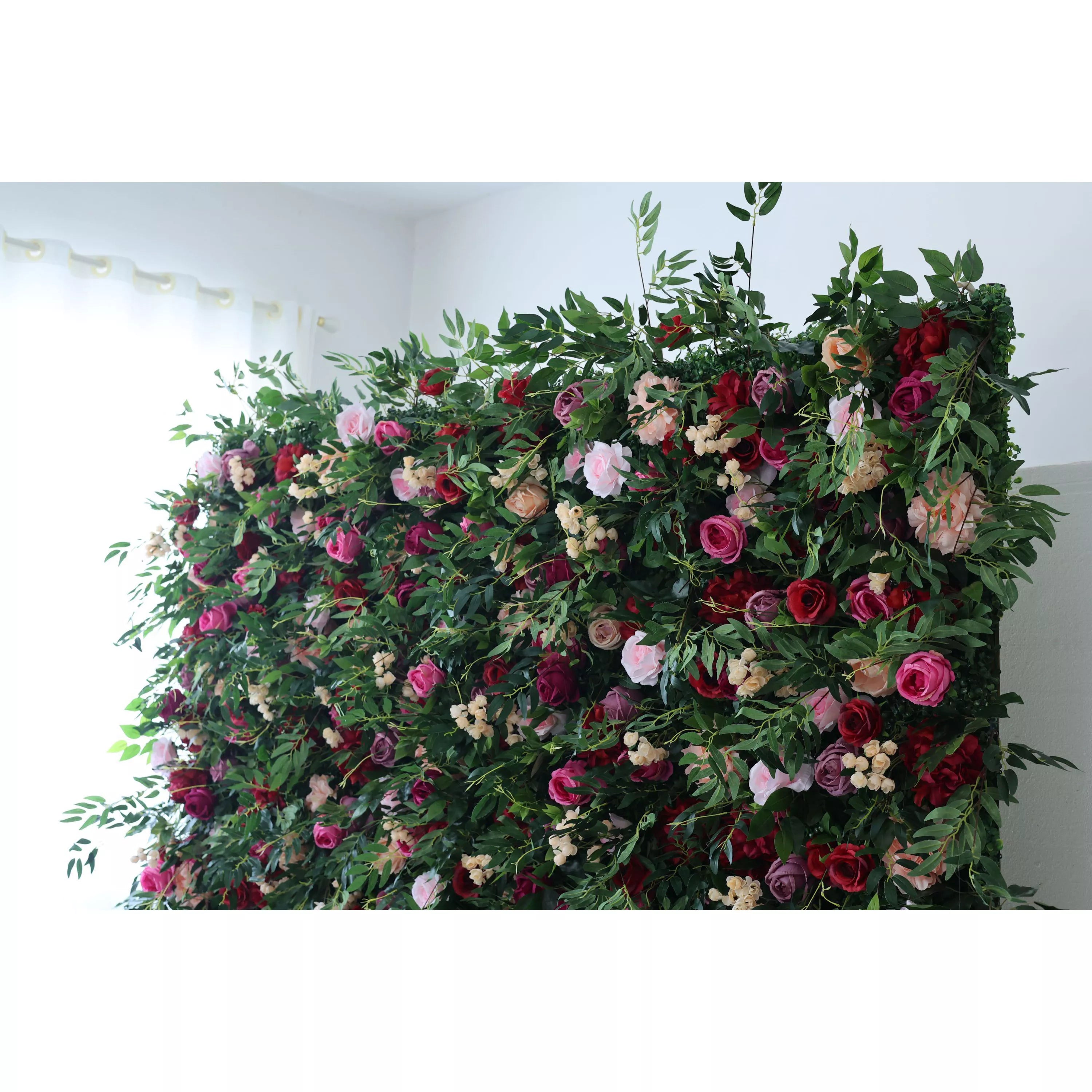 Valar Flowers artificial green mixed with pink, purple, and white roll up fabric floral wall backdrop3