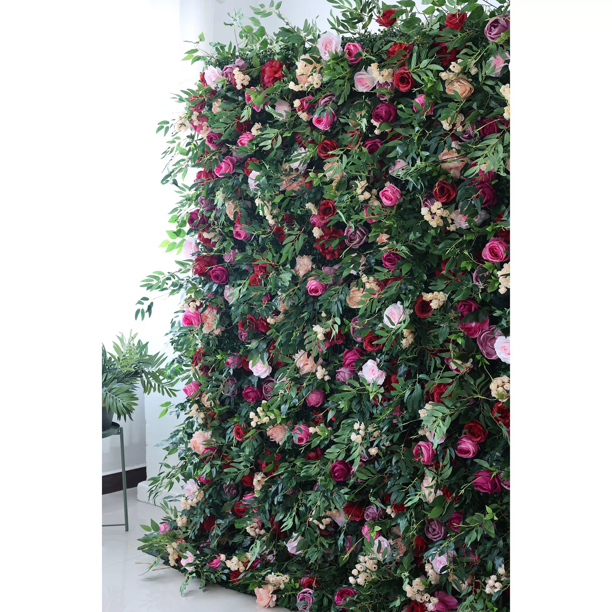 Valar Flowers artificial green mixed with pink, purple, and white roll up fabric floral wall backdrop8