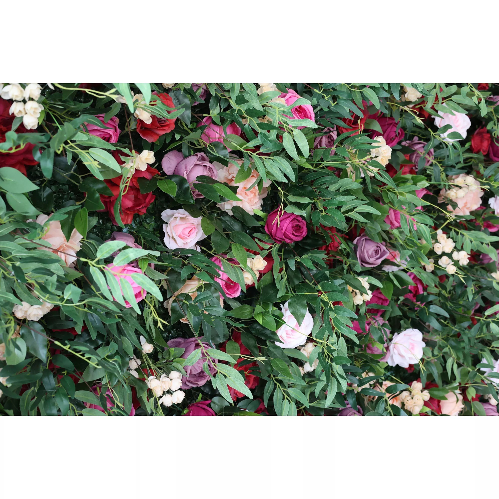 Valar Flowers artificial green mixed with pink, purple, and white roll up fabric floral wall backdrop7