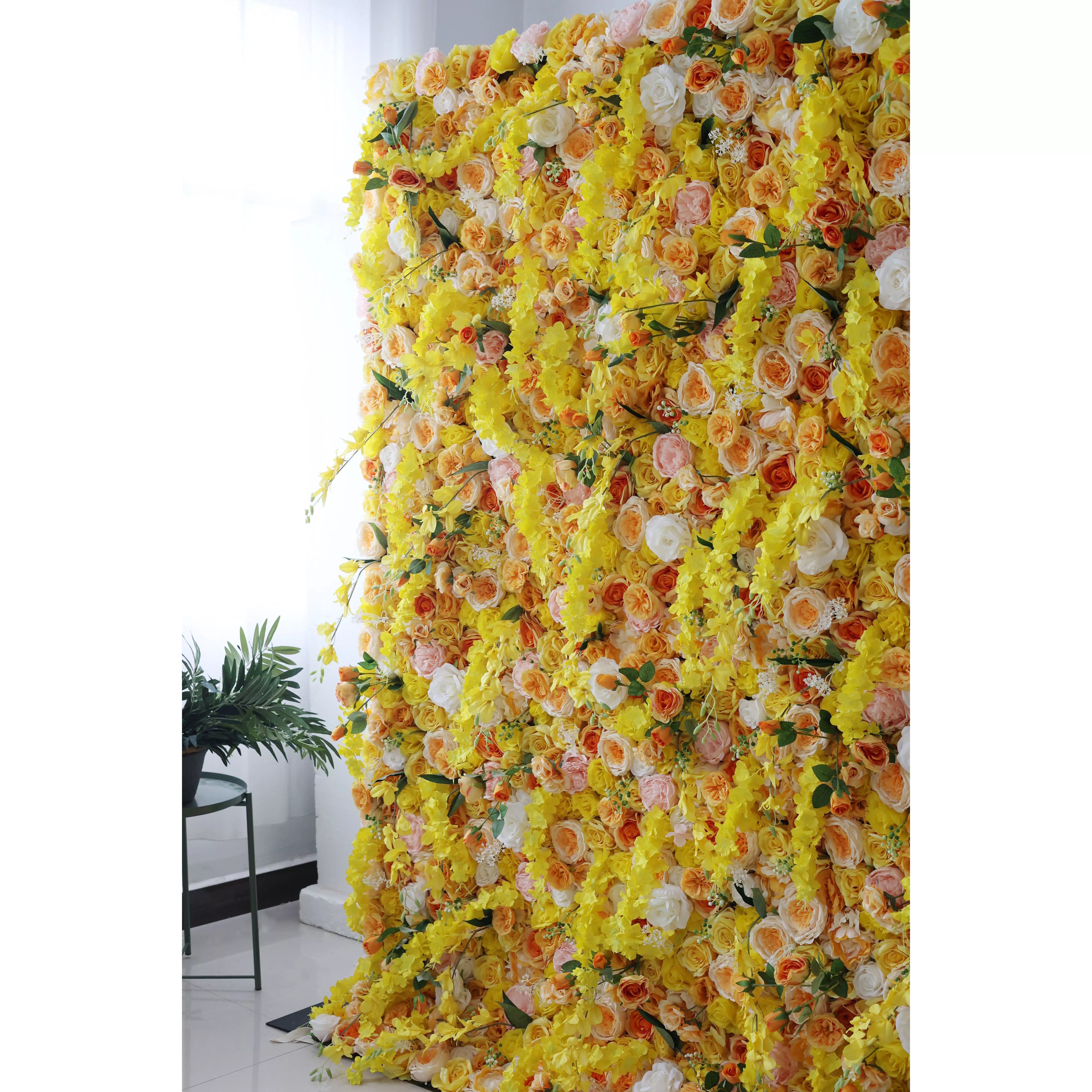ValarFlowers Artificial Floral Wall Backdrop: Sunlit Symphony - A Radiant Cascade of Golden Blooms-VF-252