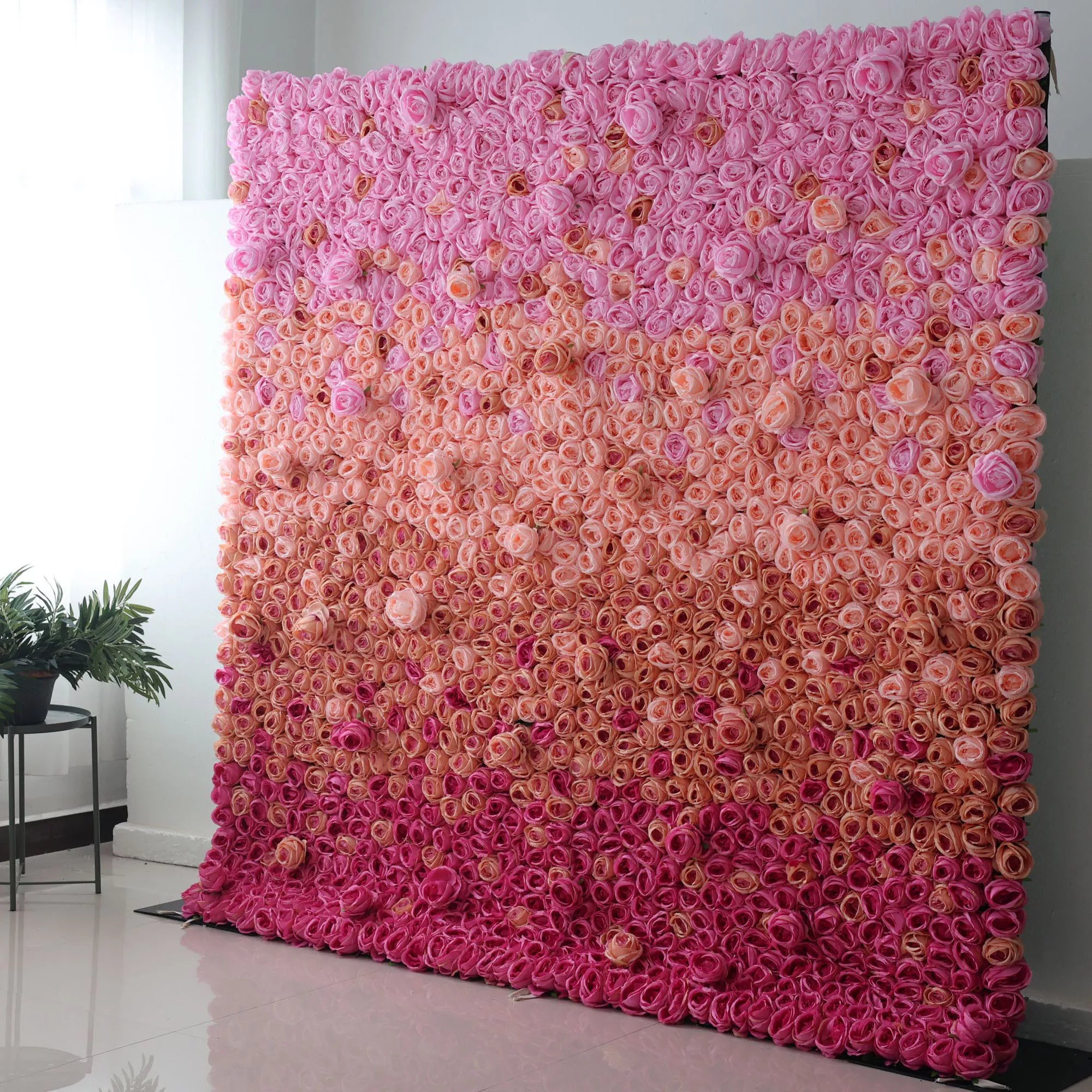Valar Flowers Roll Up Artificial Flower Wall Backdrop with Radiant Rose Gradient4