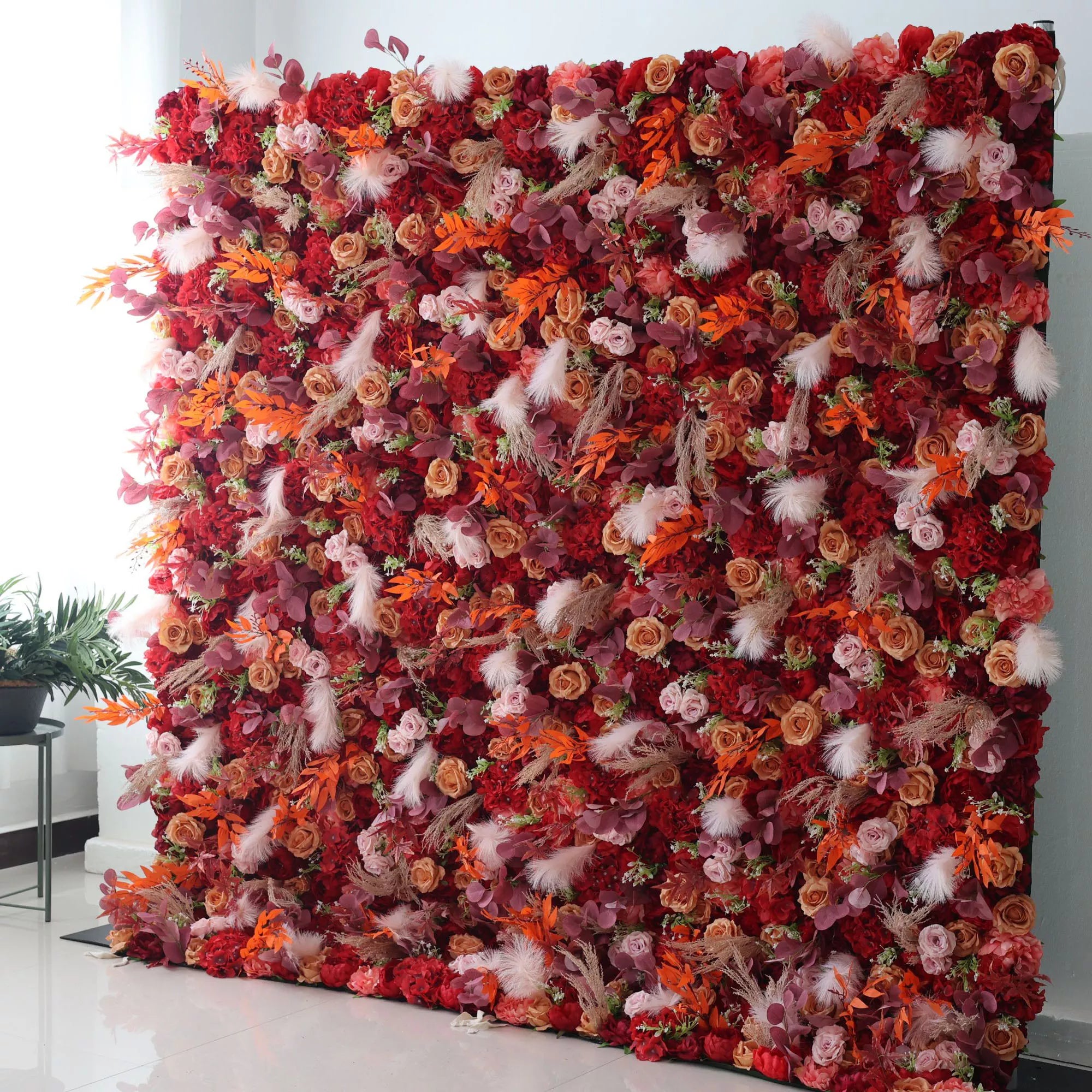 ValarFlowers Backdrop: Unveiling Fiery Florals with radiant reds and opulent oranges, fused with fantasy feathers. A display of fall's fervor and nature's nuanced dance, perfect for grand gala gatherings.