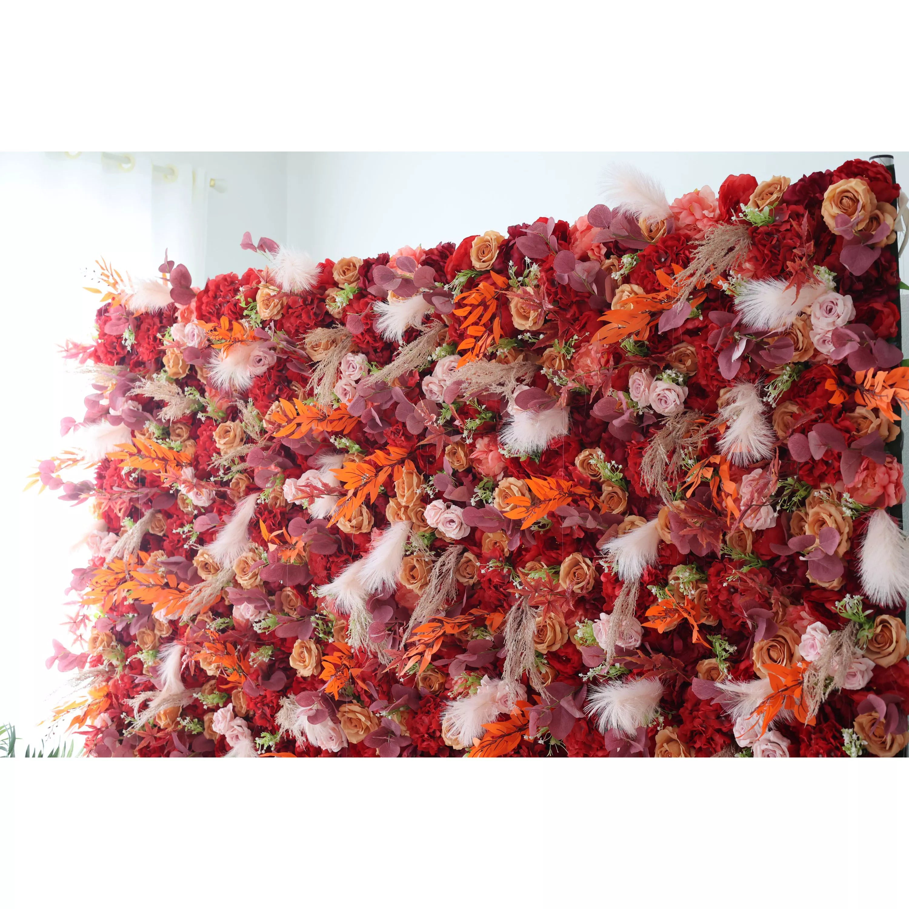ValarFlower Toile de fond murale florale artificielle : fleurs ardentes – Palette de passion et plumes Fantasy-VF-251