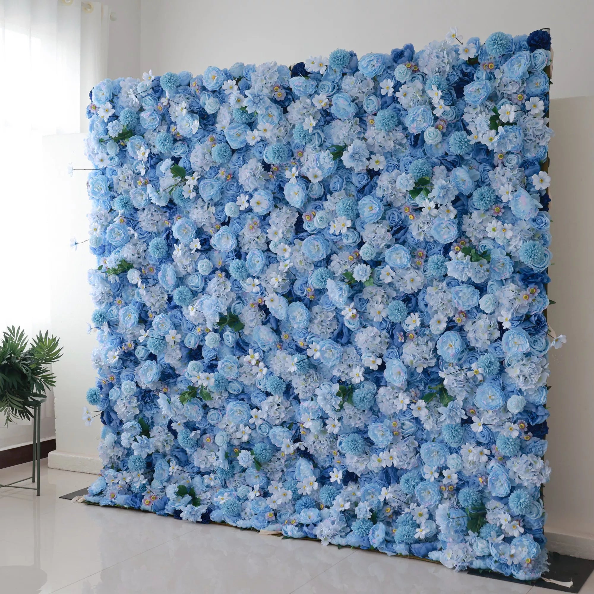 Valar Flowers' Azure Blooms Gala: A radiant mix of sky blue and pearly white fabric flowers. An enchanting backdrop elevating celebrations and home interiors.