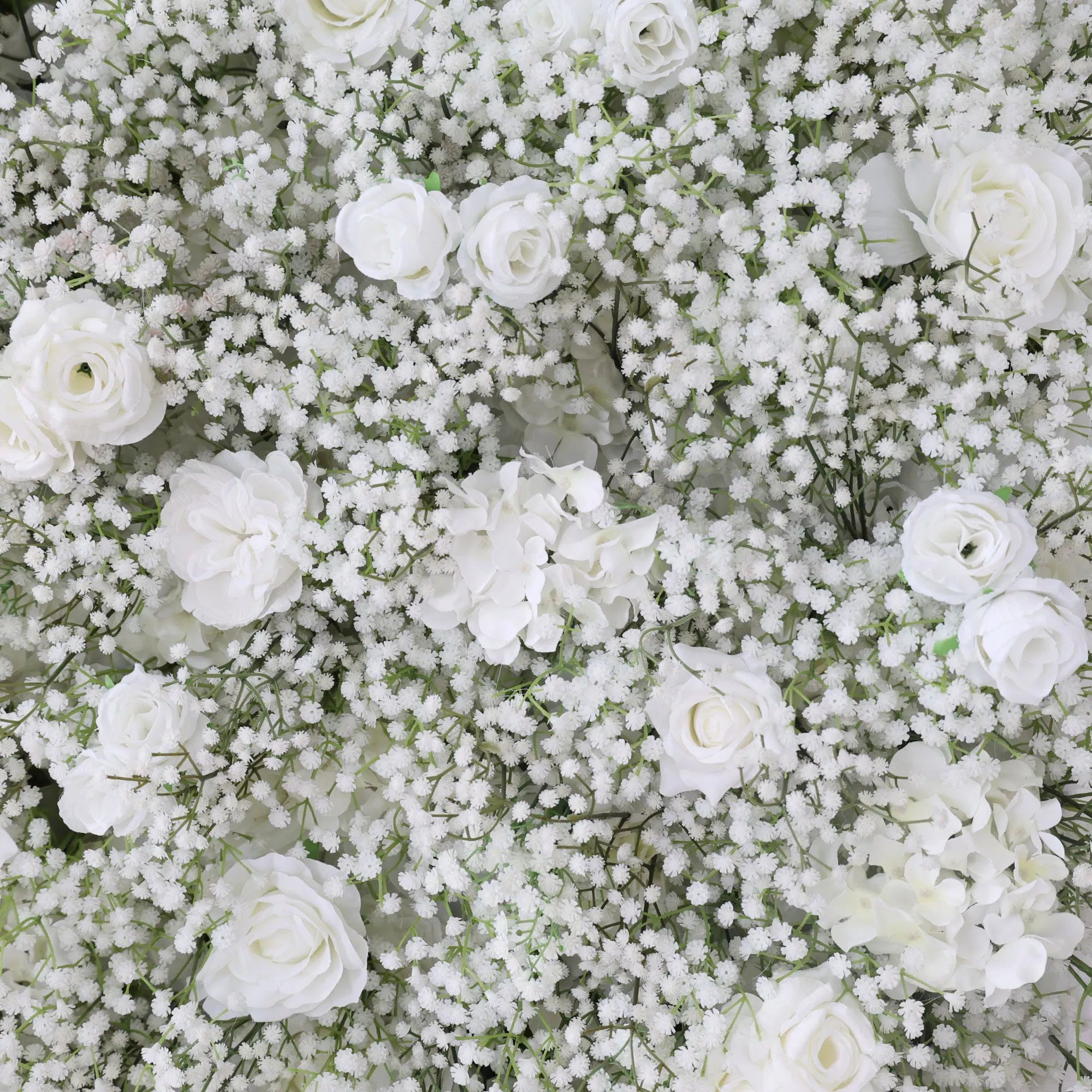 ValarFlowers Toile de fond murale florale artificielle Serene Meadows Toile de fond florale artificielle Rose blanche et souffle de bébé Edition-VF-268-2