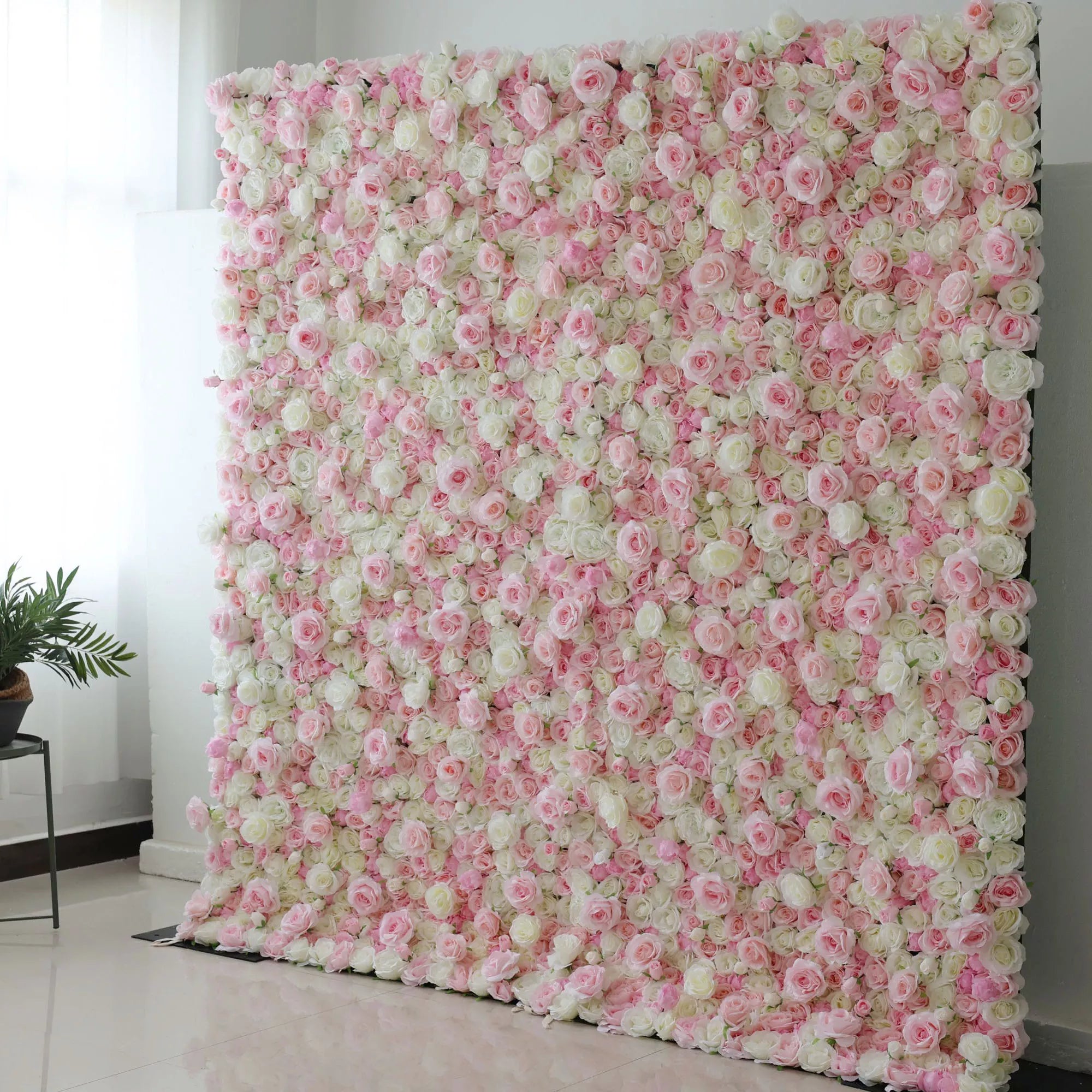 Valar Flowers Roll Up Fabric Artificial Mix Cavern Pink and Lemon White Flower Wall Wedding Backdrop, Floral Party Decor, Event Photography-VF-085