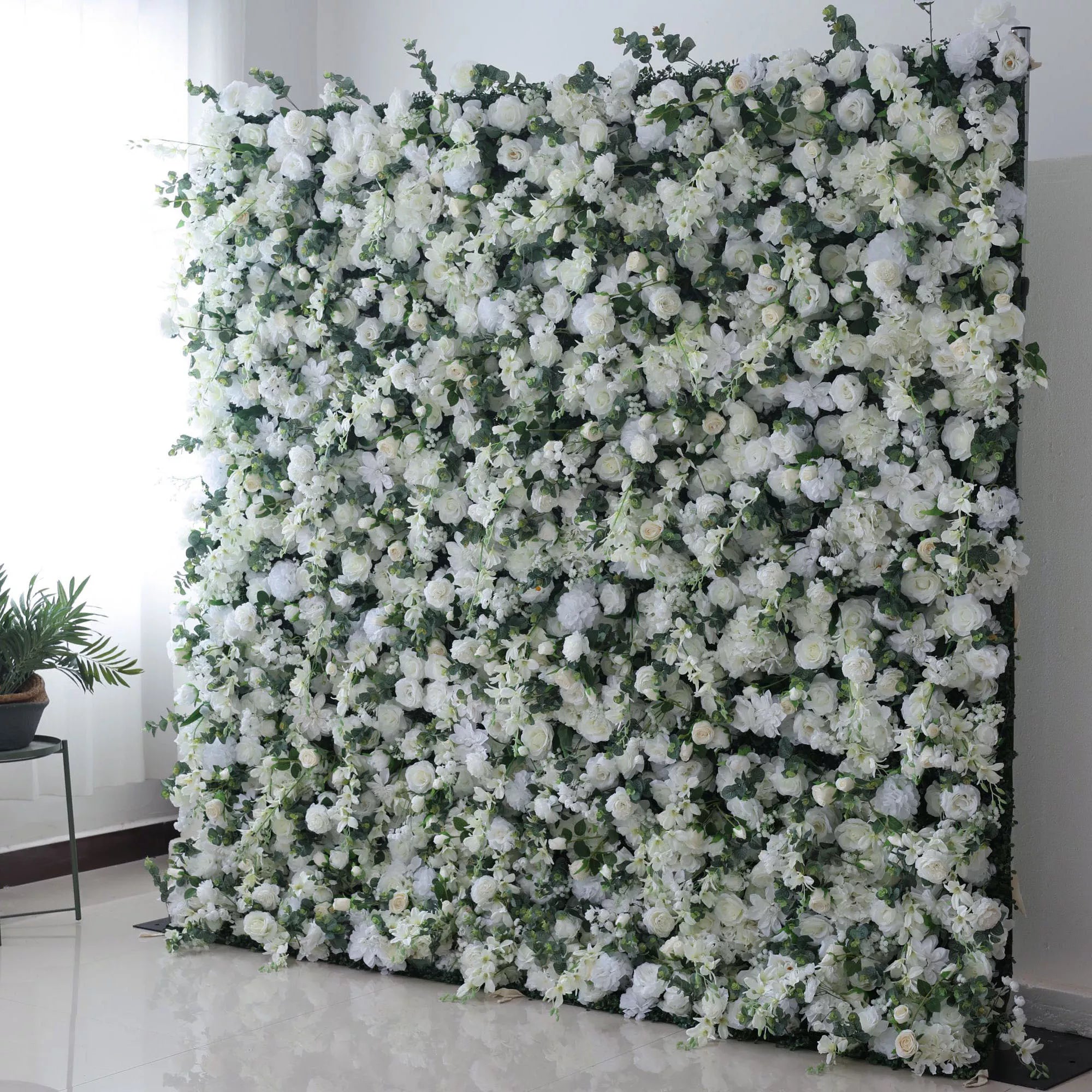 Valar Flowers Ethereal White Floral Wall with Soft Green Accents: Perfect for Elegant Events & Celebrations-VF-201