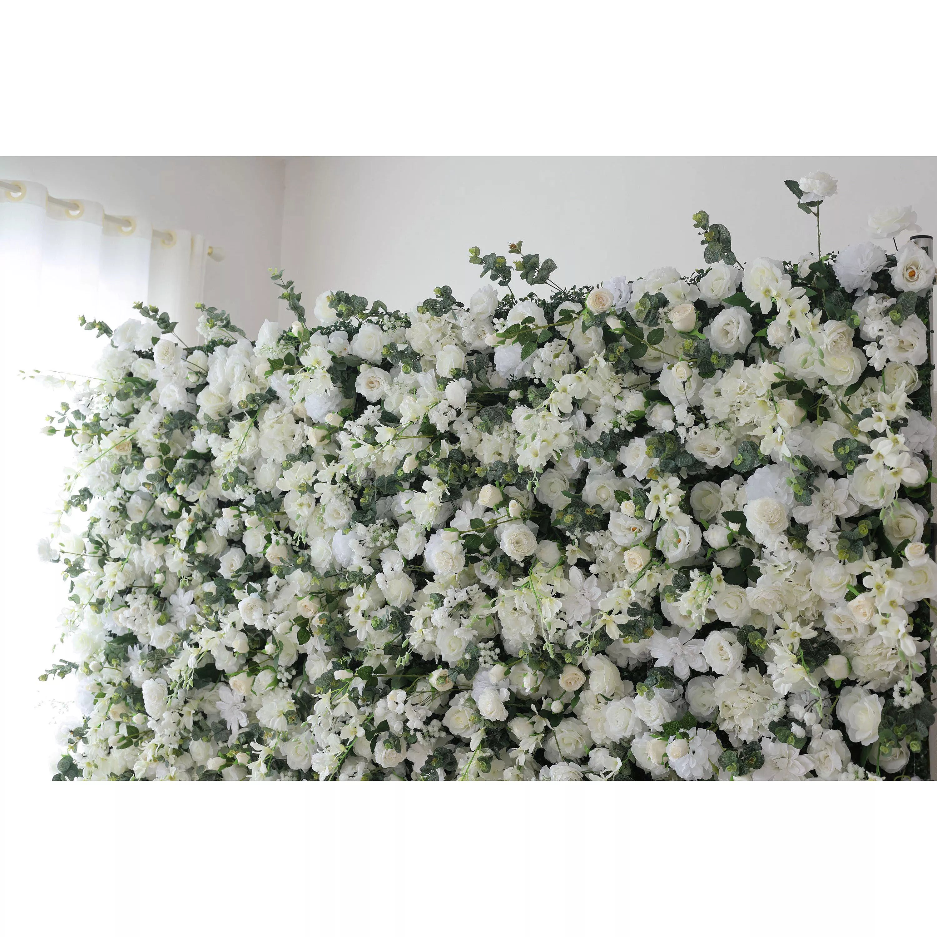 Valar Flowers Mur floral blanc éthéré avec des accents verts doux : parfait pour les événements et célébrations élégants-VF-201
