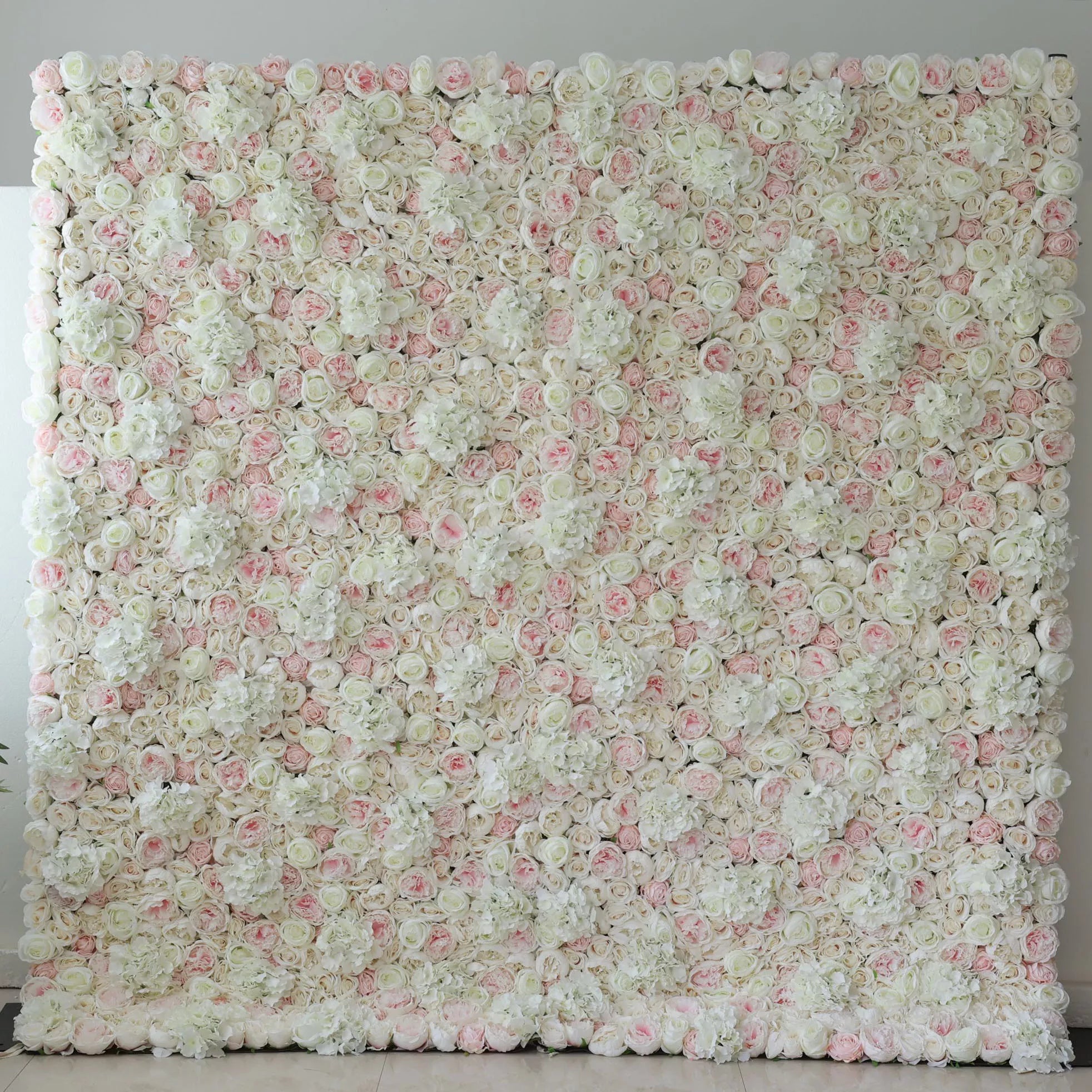 Valar Fleurs enroulables en tissu artificiel mélangé blanc et rose rose avec feuilles vertes pour mur de mariage, décoration florale de fête, photographie d'événement, décoration de spa - VF-090 