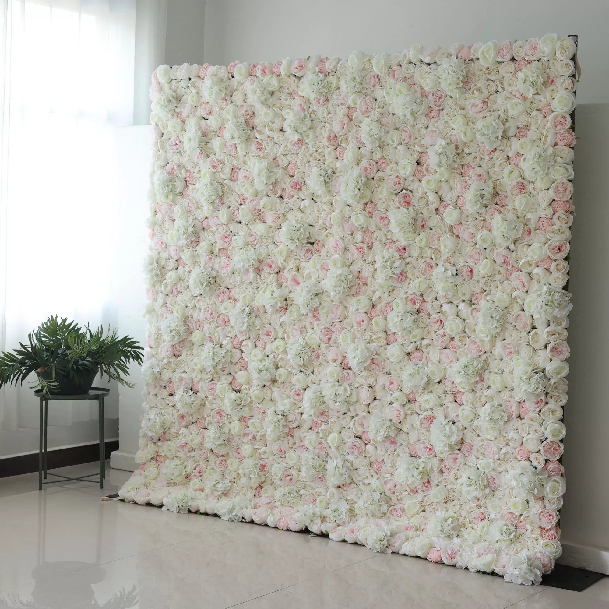 Valar Flowers Roll Up Fabric Artificial Mixed White and Pink Rose Color Green Leaves Wall Wedding Backdrop, Floral Party Decor, Event Photography, Spa Decor-VF-090