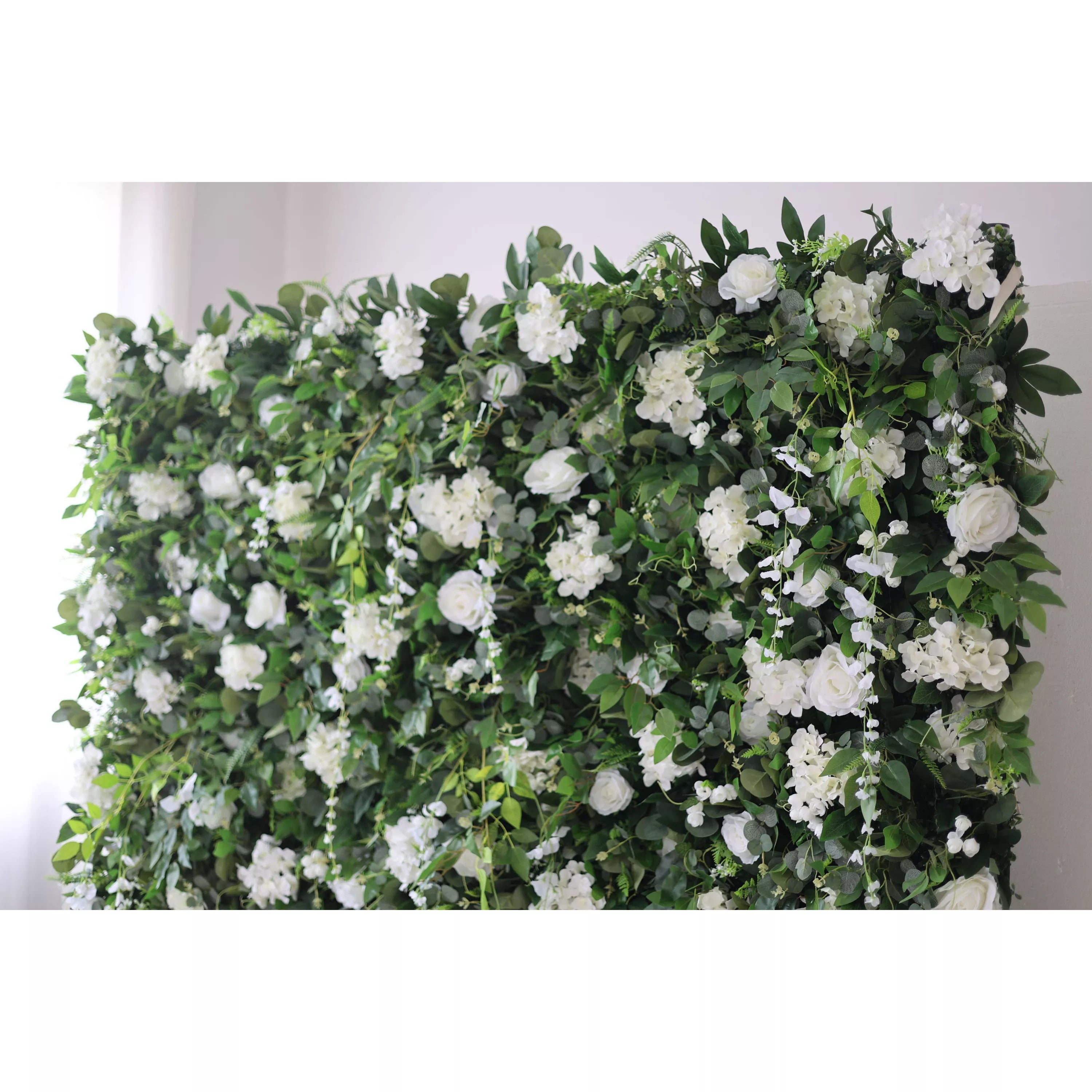 Valar Flowers Roll Up Tissu Fleur blanche artificielle et feuilles vertes vives Toile de fond murale florale pour mariage, décoration de fête florale, photographie d'événement -VF-071-4 