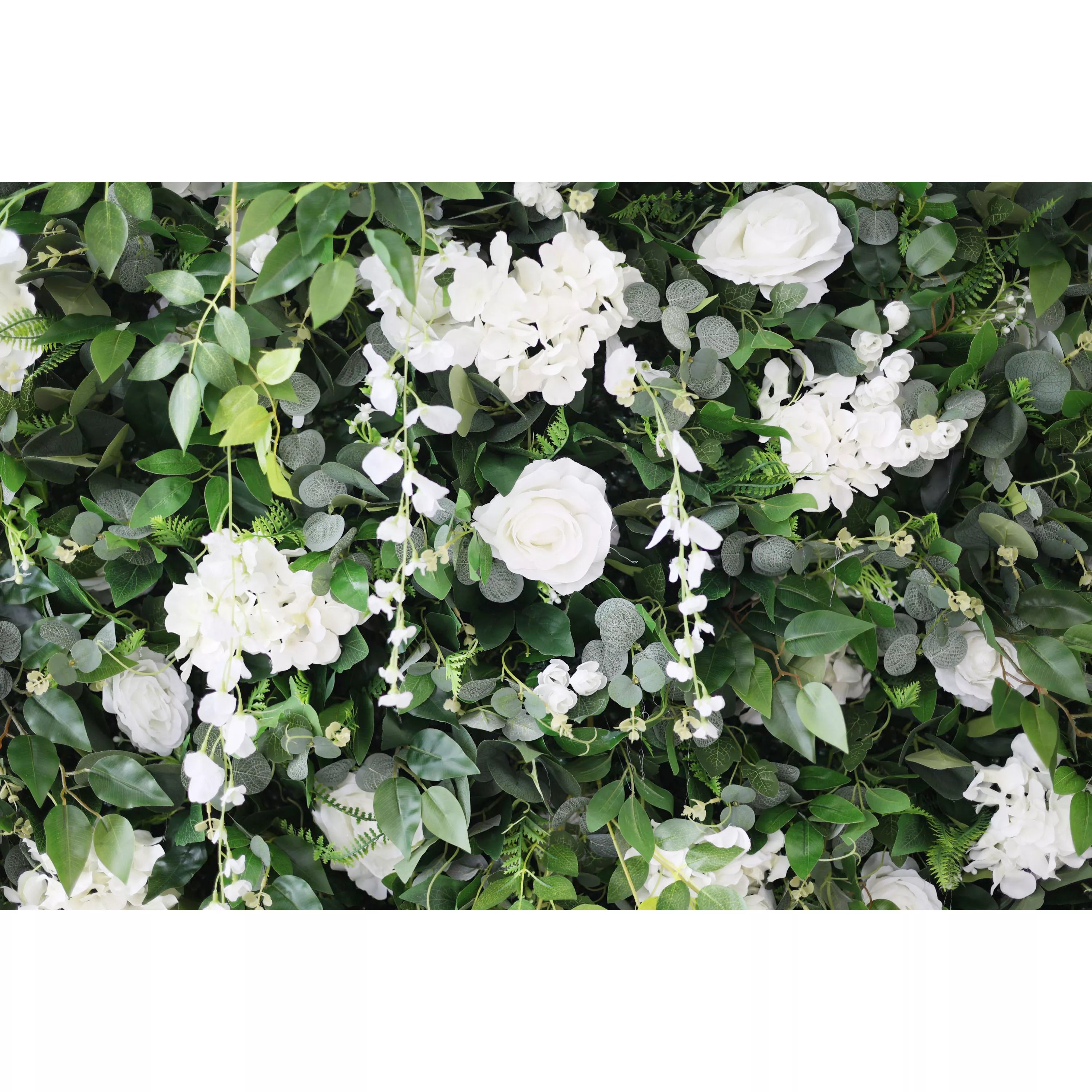 Valar Flowers Roll Up Fabric Artificial White Flower and Vivid Green Leaves Floral Wall Wedding Backdrop, Floral Party Decor, Event Photography-VF-071-4