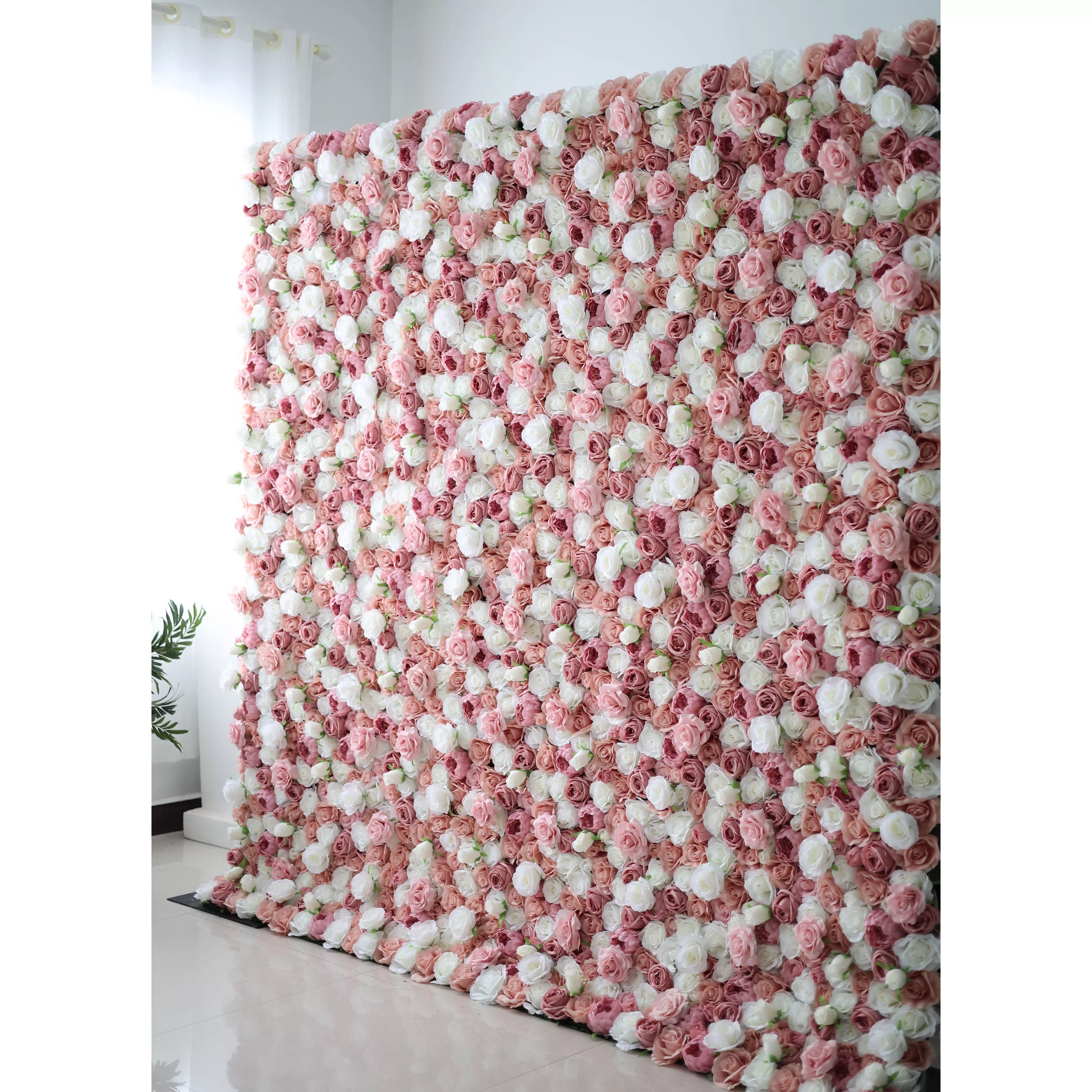 Valar Flowers Roll Up Fabric Artificial Mix Rose Red & White Flower Wall Wedding Backdrop, Floral Party Decor, Event Photography-VF-038