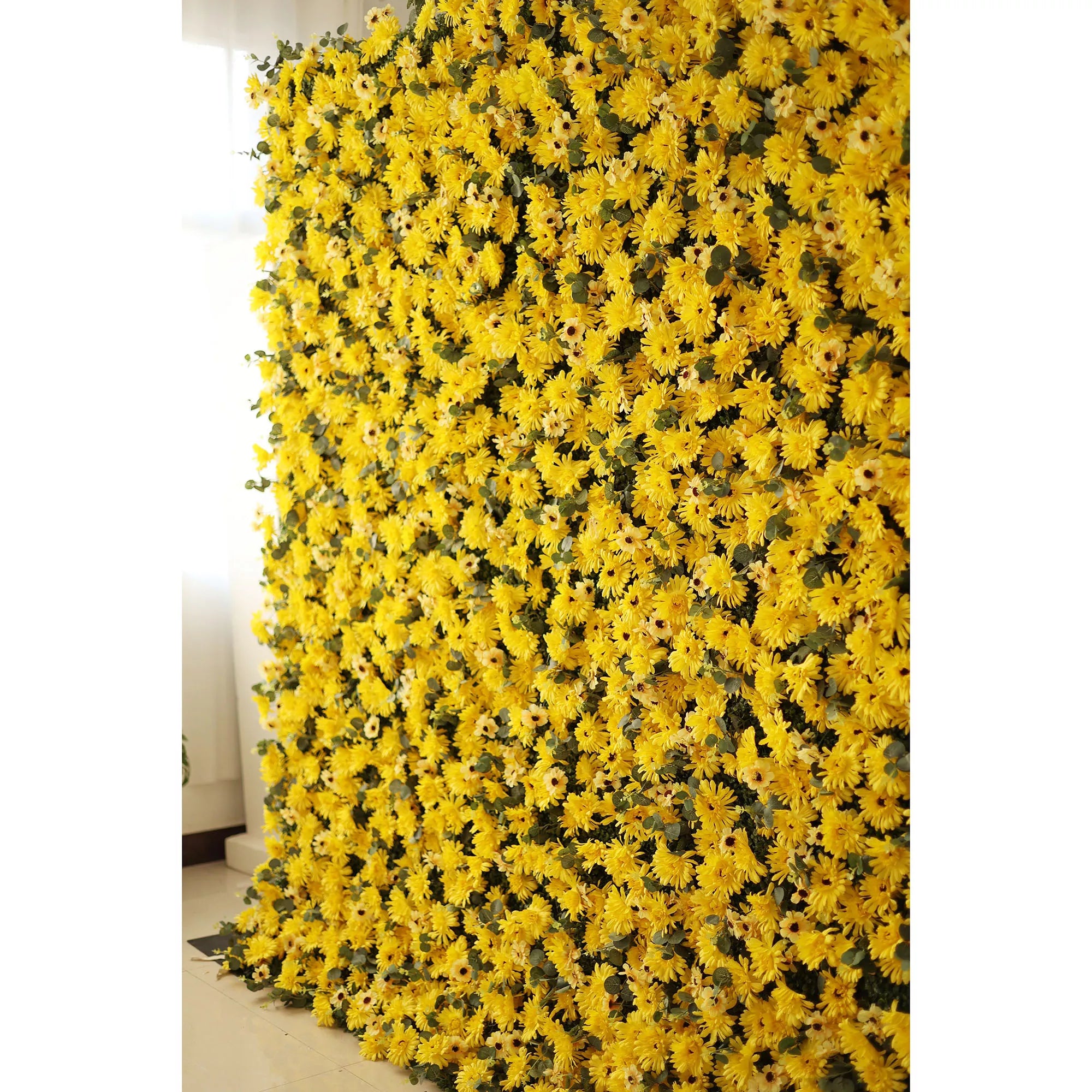 زهور فالار لفة قماش اصطناعي أصفر محروق Euryops Pectinatus خلفية جدار زفاف زهرة ، ديكور حفلات زهور ، حدث