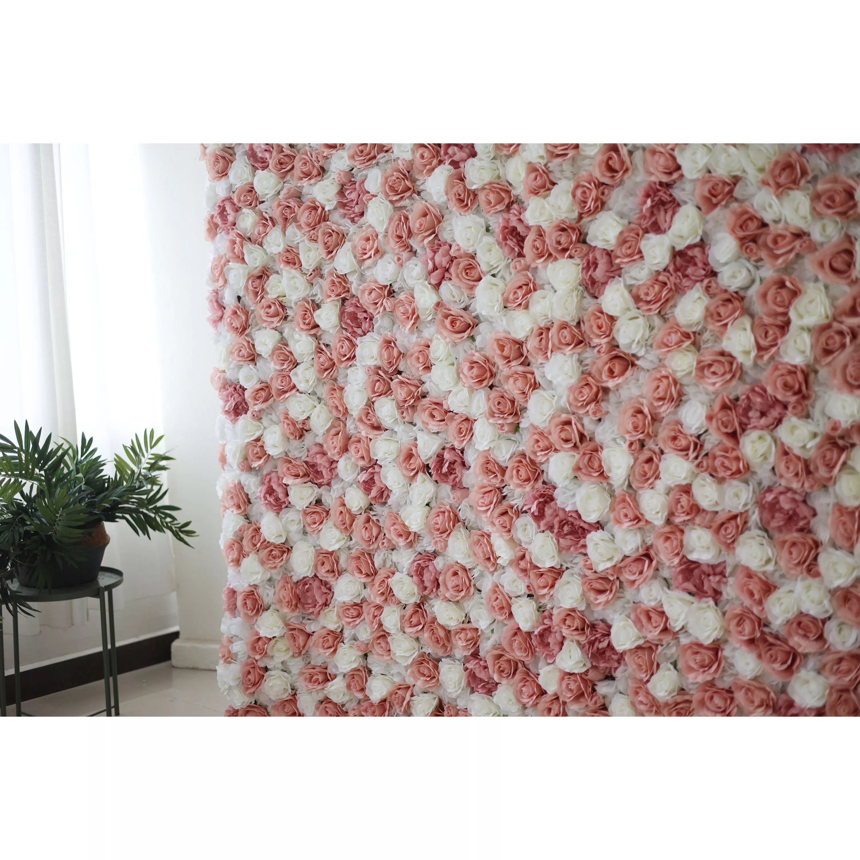 ValarFlowers Toile de fond murale florale artificielle : Rosy Radiance – Une danse délicate de roses roses et blanches - VF-277