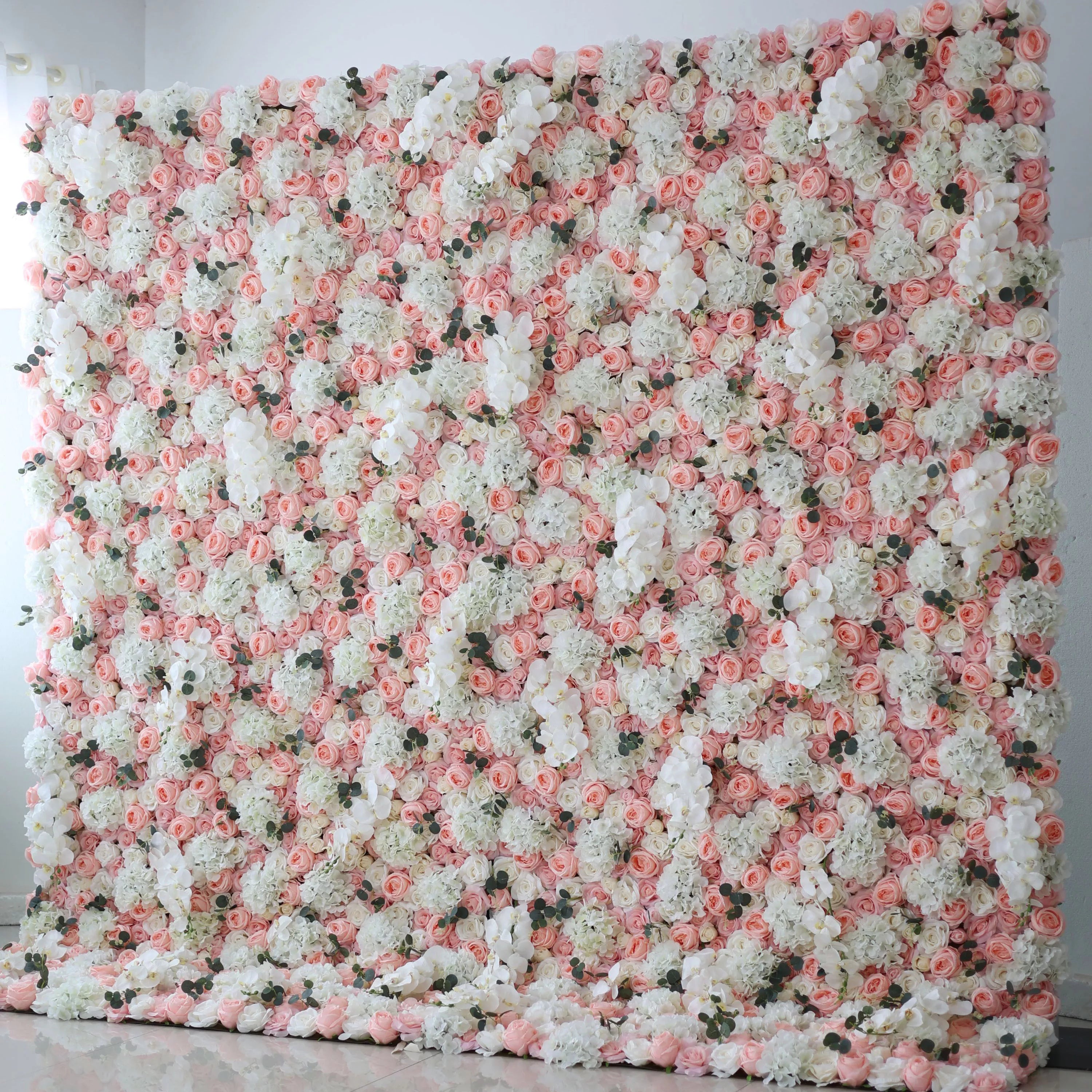 Valar Flowers Roll Up Fabric Artificial Petite Orchid and Brandy Rose with White Roses Flower Wall Wedding Backdrop, Floral Party Decor, Event Photography-VF-027
