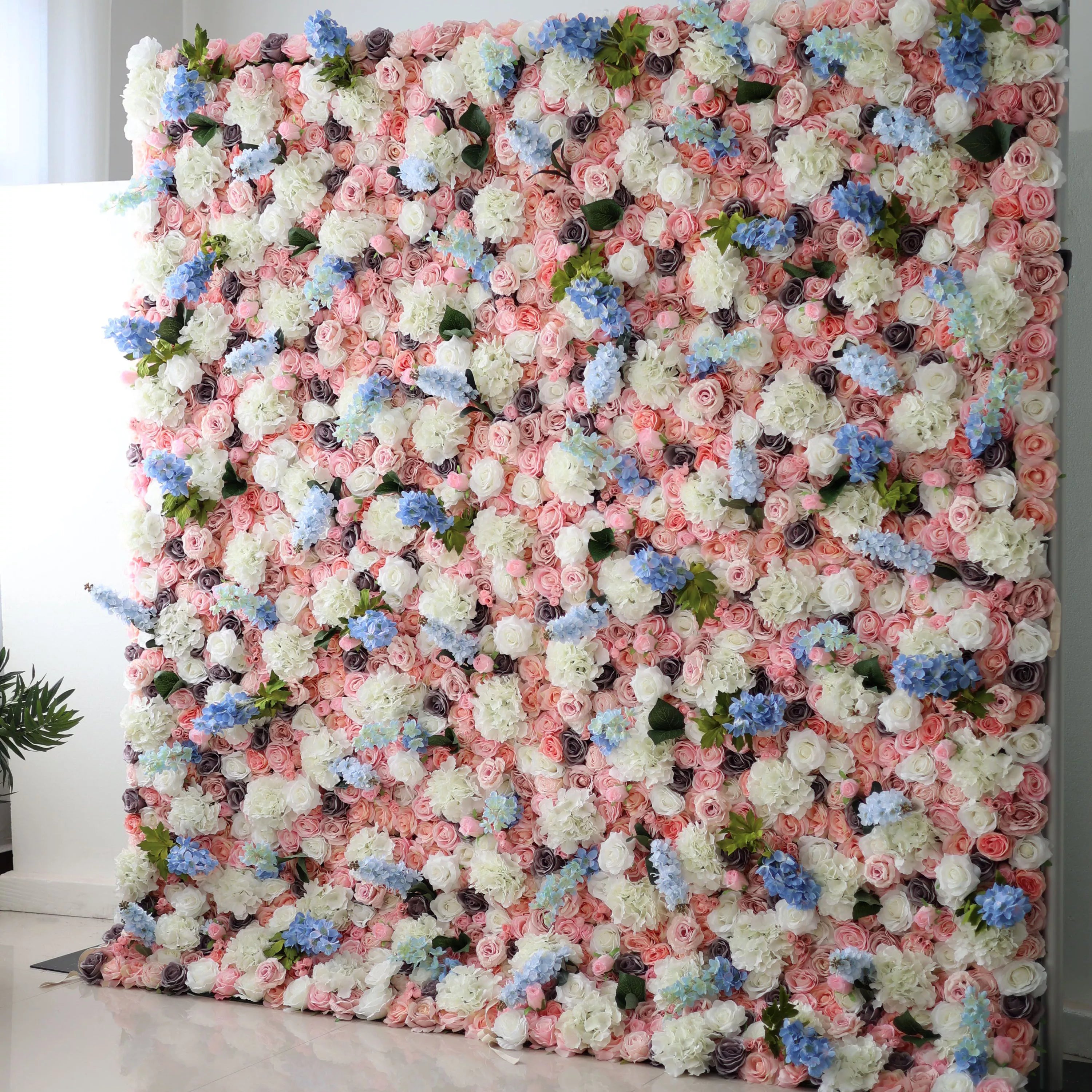 Valar Flowers roll up fabric artificial flower wall for wedding backdrop, floral party decor, and event photography, model VF-1280