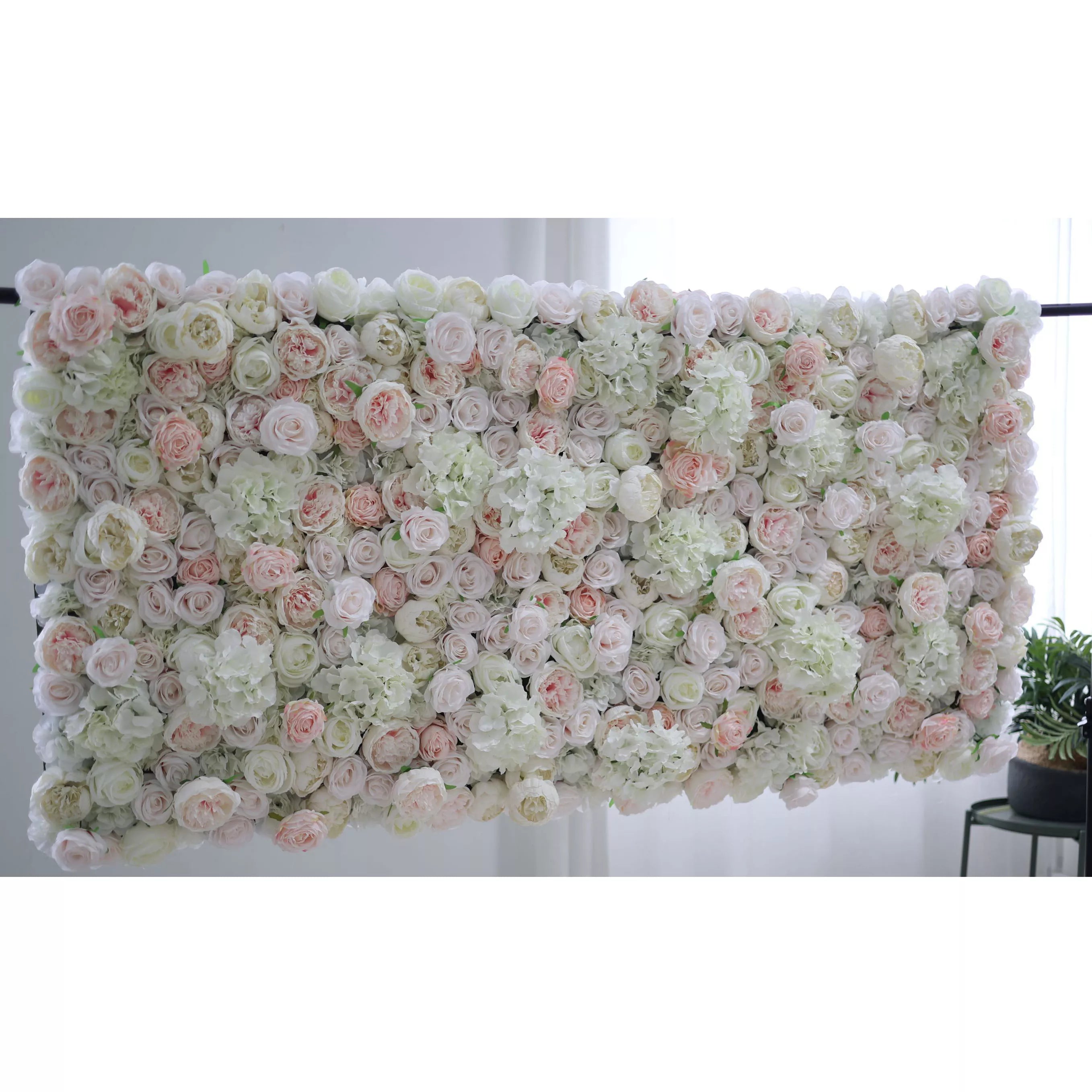 Valar Flowers Roll Up Fabric Artificial Mixed White and Light Pink Rose Color Green Leaves Wall Wedding Backdrop, Floral Party Decor, Event Photography, Spa Decor-VF-090-2