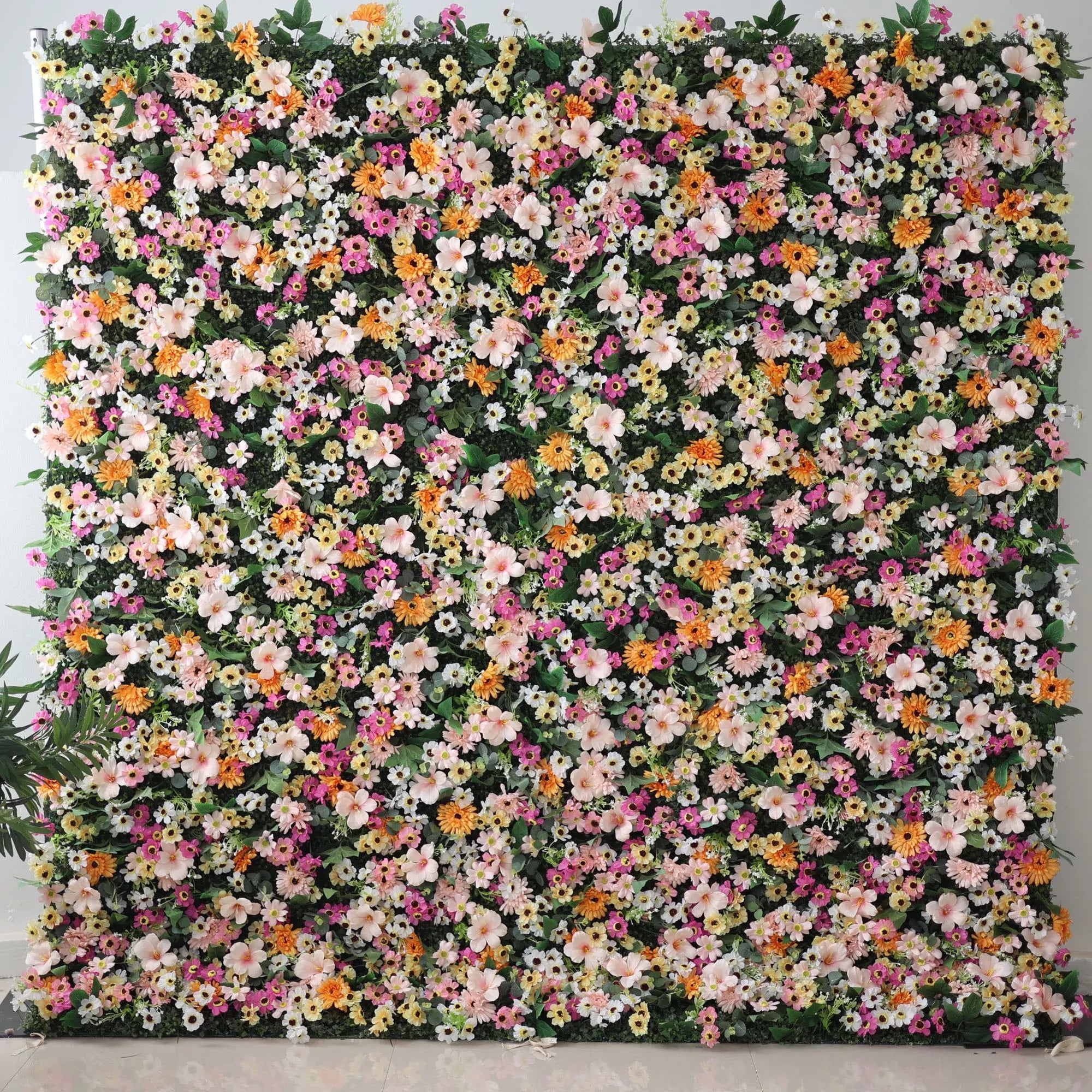 Valar Flowers artificial brown, pink, and fawn flower wall backdrop with green leaves, roll-up fabric for weddings and events2