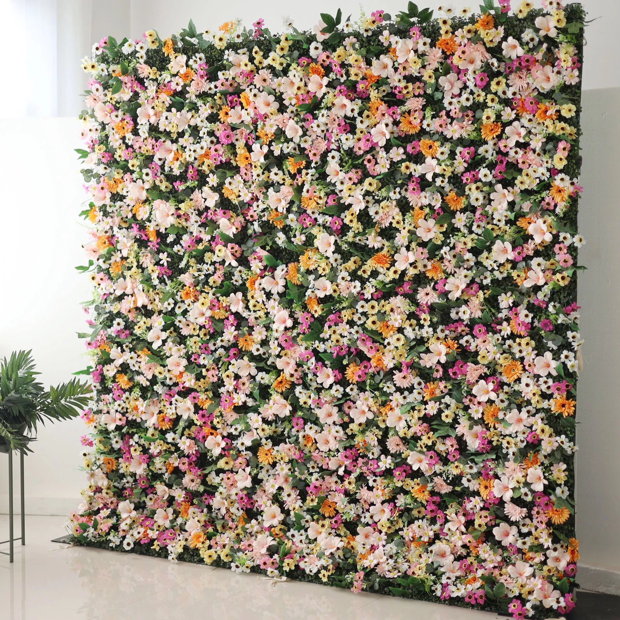 Valar Flowers artificial brown, pink, and fawn flower wall backdrop with green leaves, roll-up fabric for weddings and events4