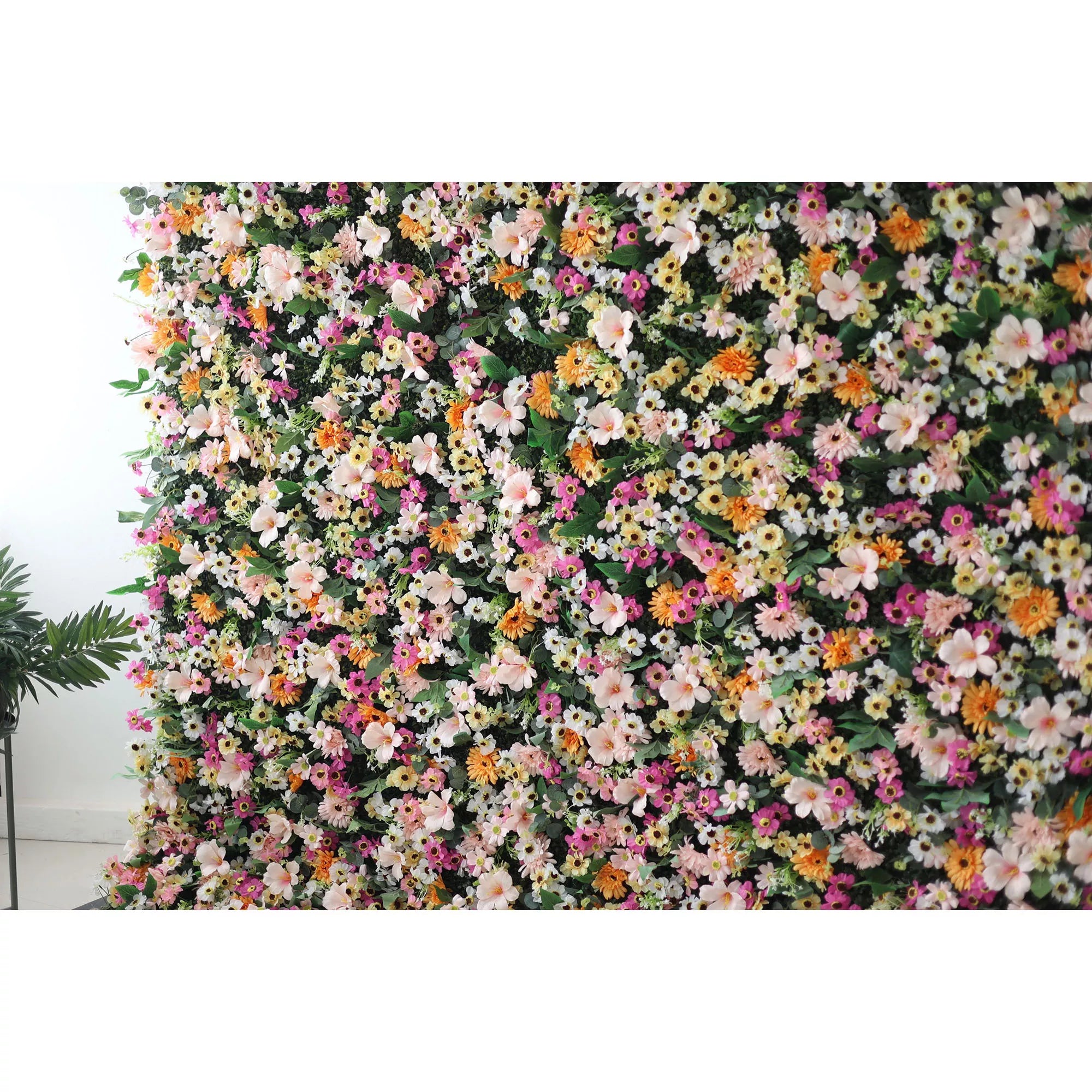 Valar Flowers artificial brown, pink, and fawn flower wall backdrop with green leaves, roll-up fabric for weddings and events0