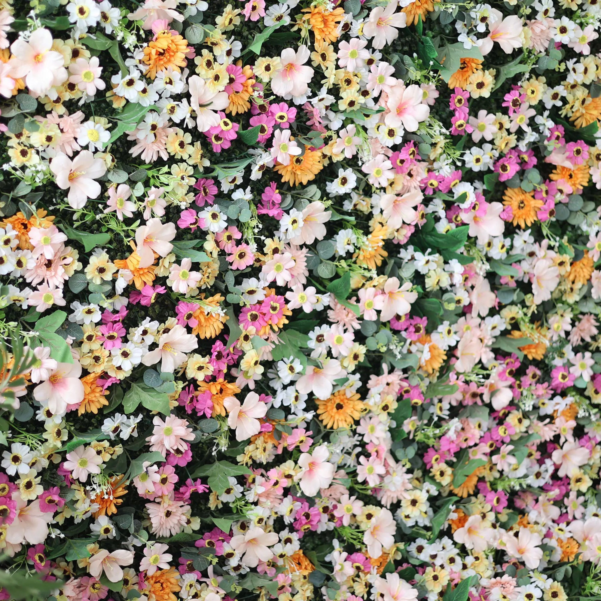 Valar Flowers artificial brown, pink, and fawn flower wall backdrop with green leaves, roll-up fabric for weddings and events1