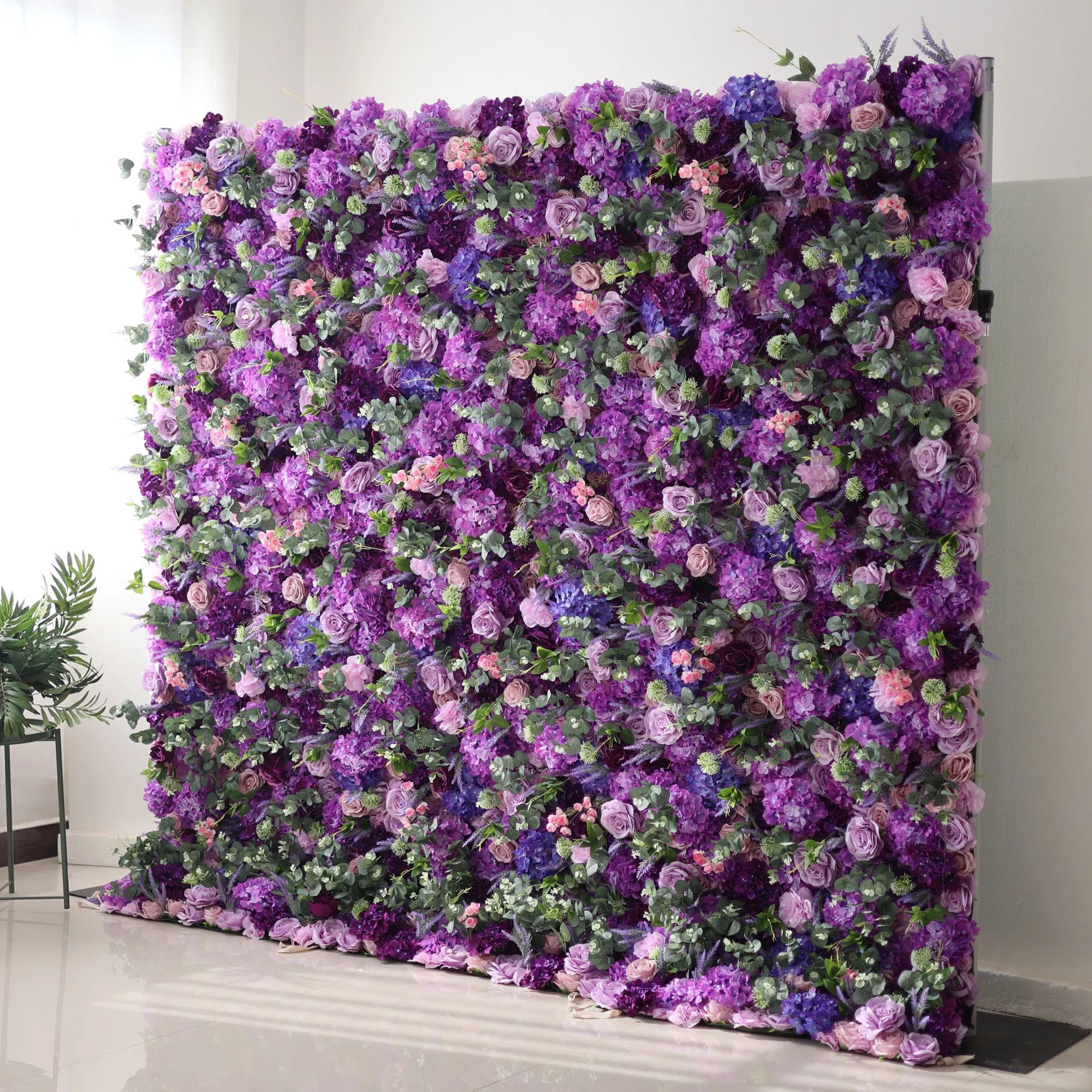 Valar Flowers Roll Up Fabric Artificial Purple Flower Wall Wedding Backdrop, Floral Party Decor, Event Photography-VF-192