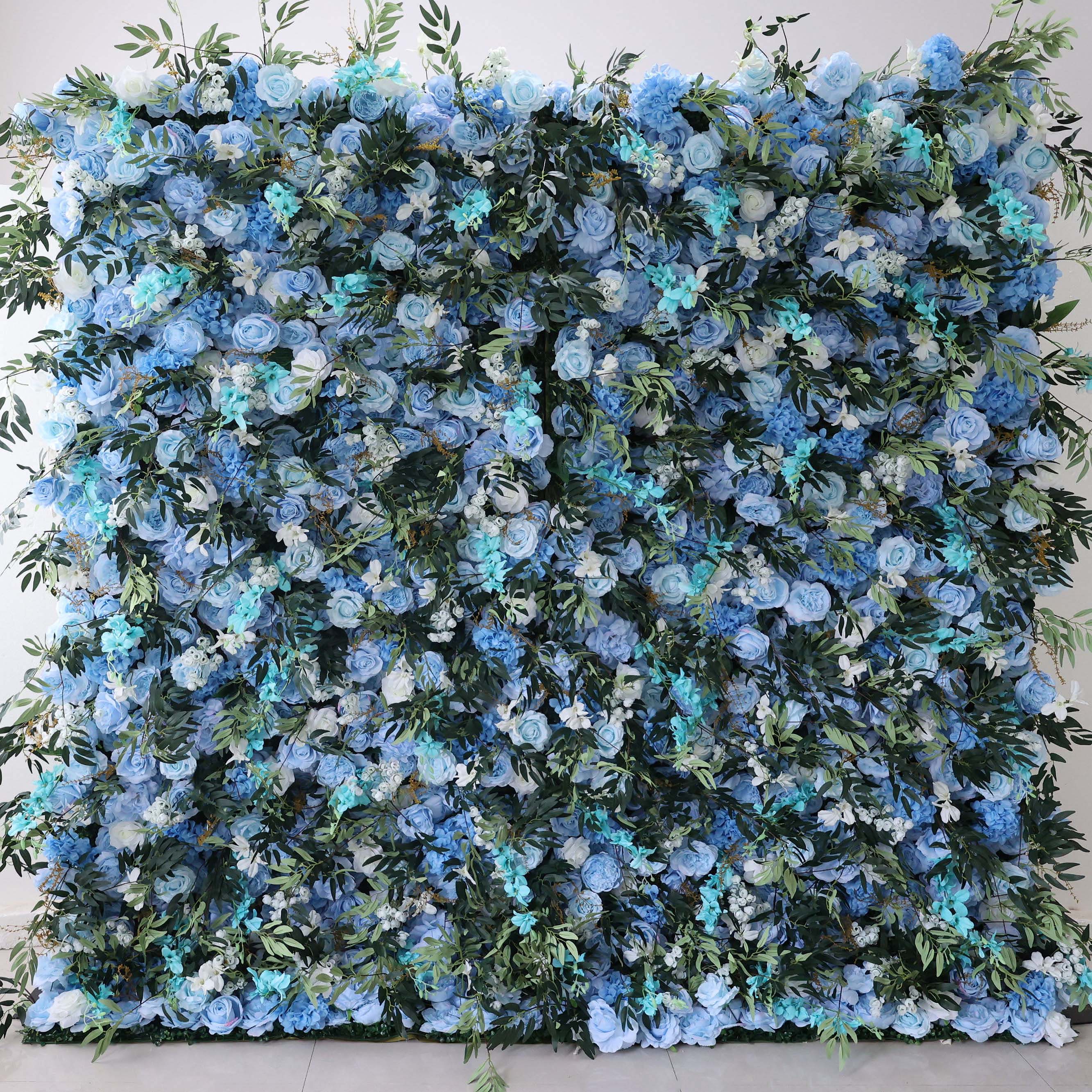 ValarFlowers Artificial Floral Wall Backdrop: Enchanted Bluewood - A Symphony of Deep Blues and Lush Greens.
