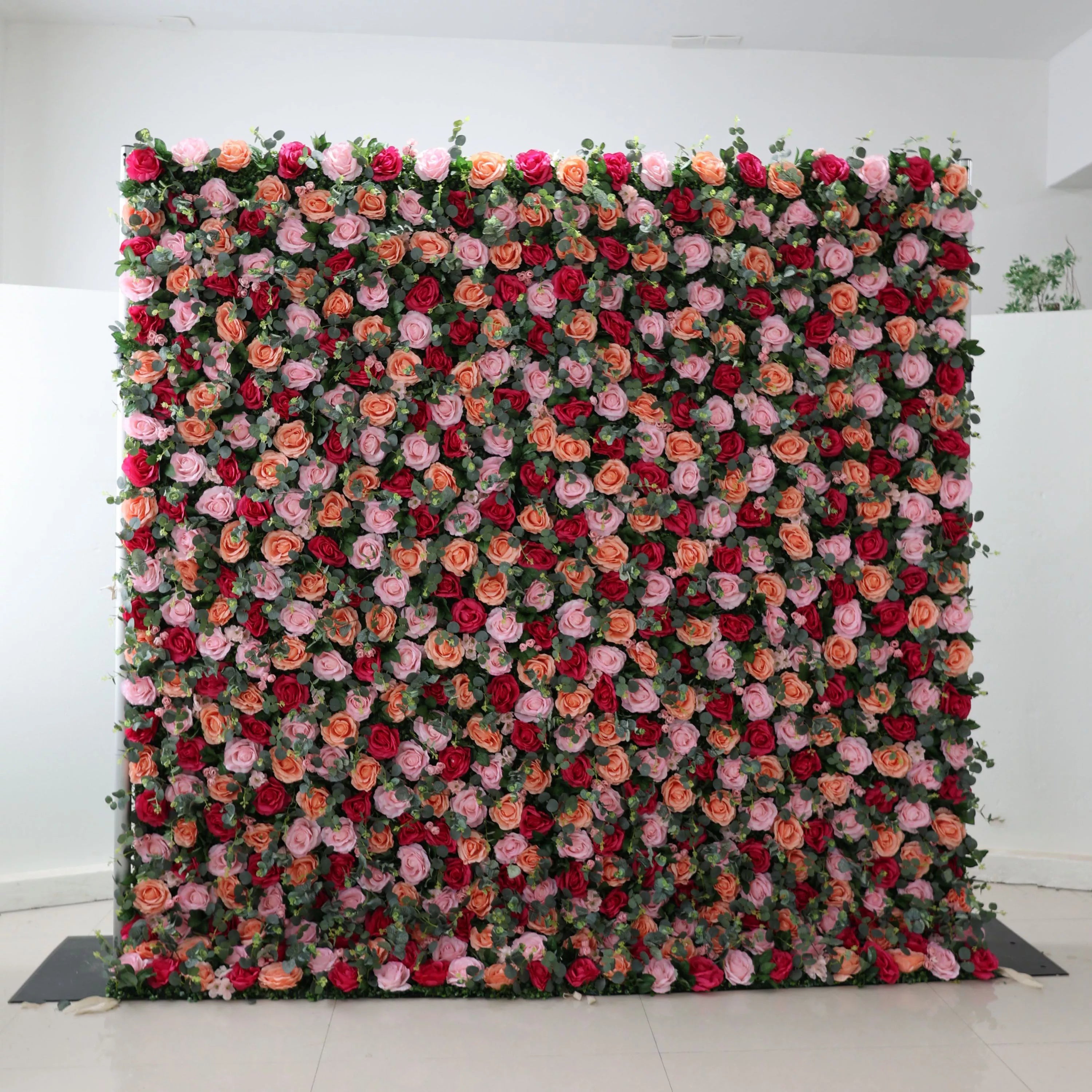 Valar Flowers Roll Up Fabric Artificial Persian Plum and Light Carmine Pink Flower and Ironside Grey Green Leaves Wall Wedding Backdrop, Floral Party Decor, Event Photography-VF-070-2