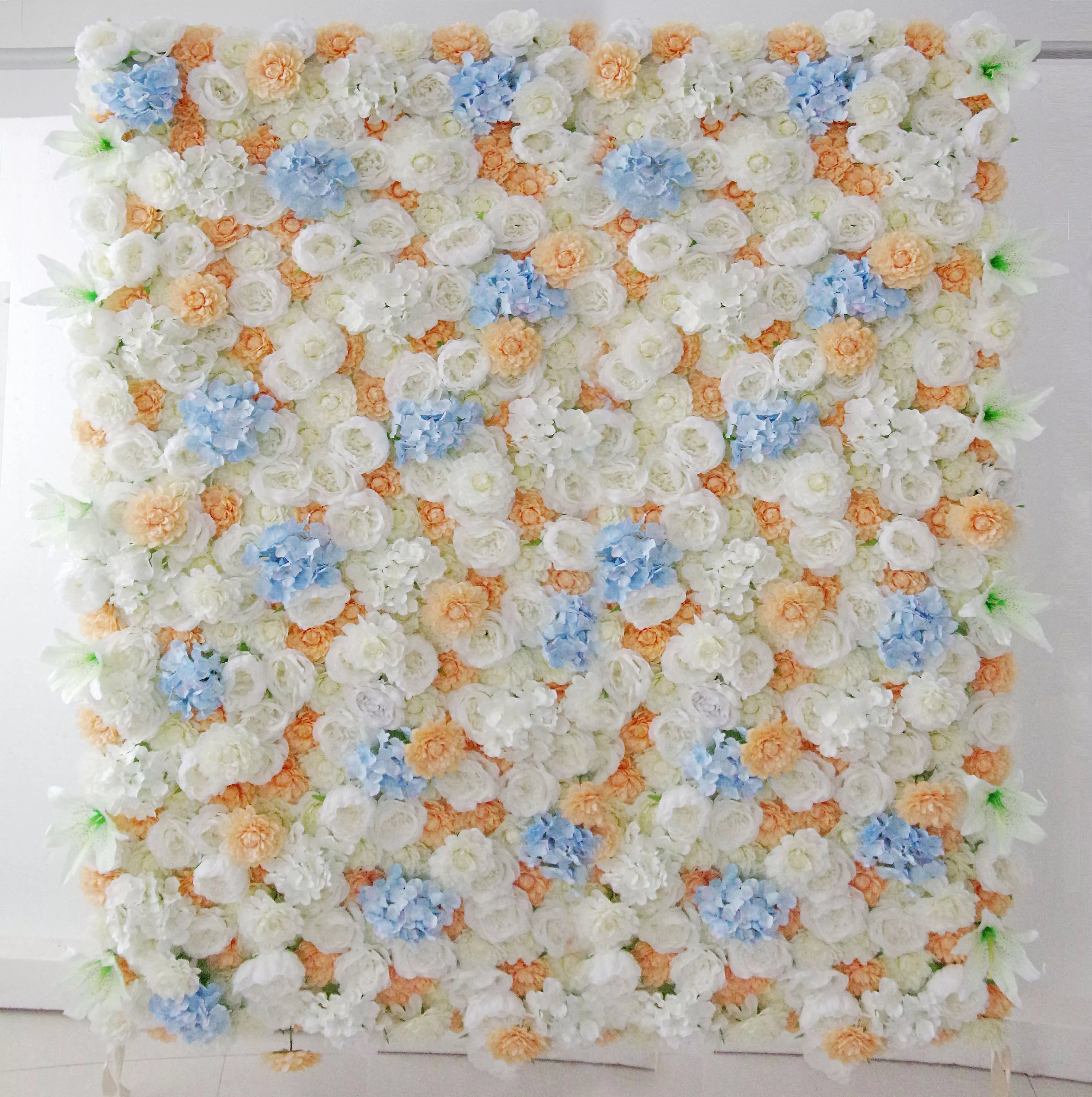 Valar Flowers Roll Up Fabric Artificial Orange Mixed White and Baby Blue Floral Wall Wedding Backdrop, Floral Party Decor, Event Photography-VF-096