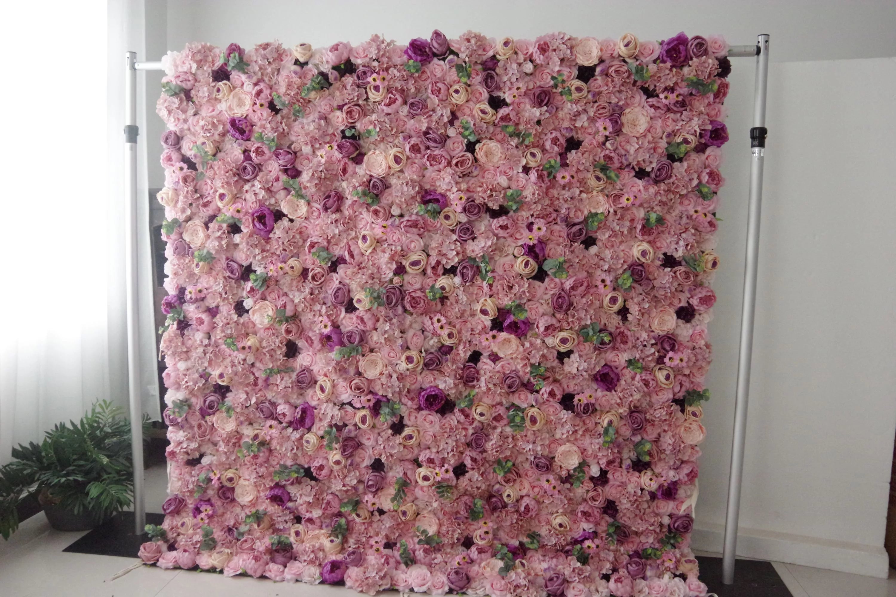 Valar Flowers fabric flower wall with artificial mixed roses in red and pink for wedding backdrop, floral party decor, and event photography, model VF-0443