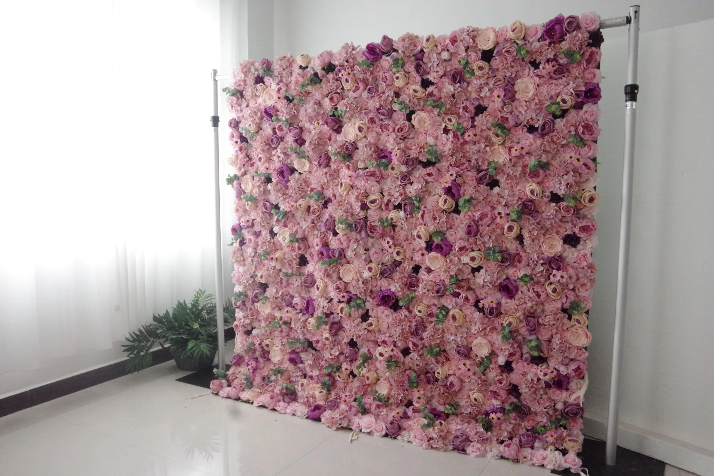 Valar Flowers fabric flower wall with artificial mixed roses in red and pink for wedding backdrop, floral party decor, and event photography, model VF-0440