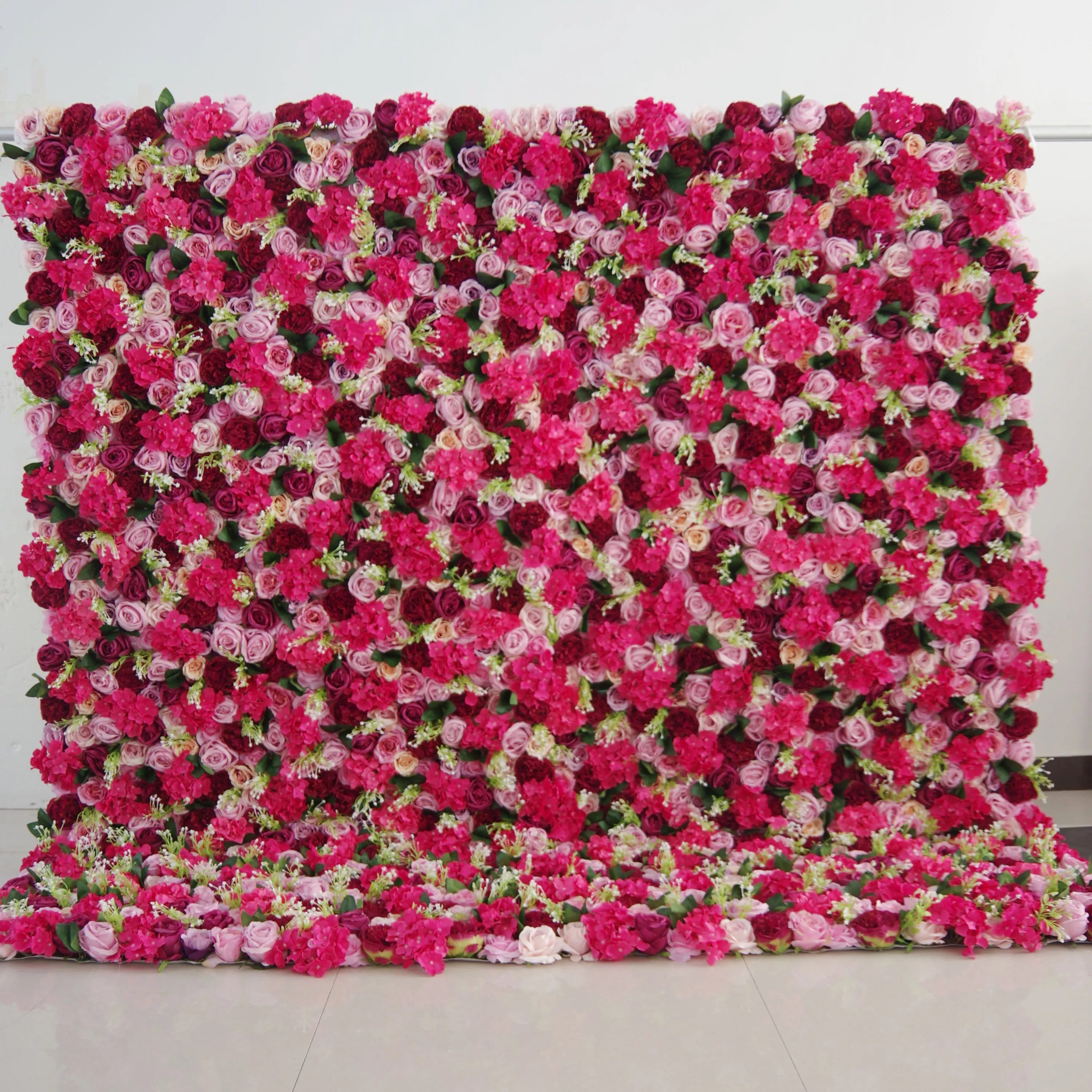 Valar Flowers artificial mixed cerise and dull pink flower wall roll up fabric for weddings and events1