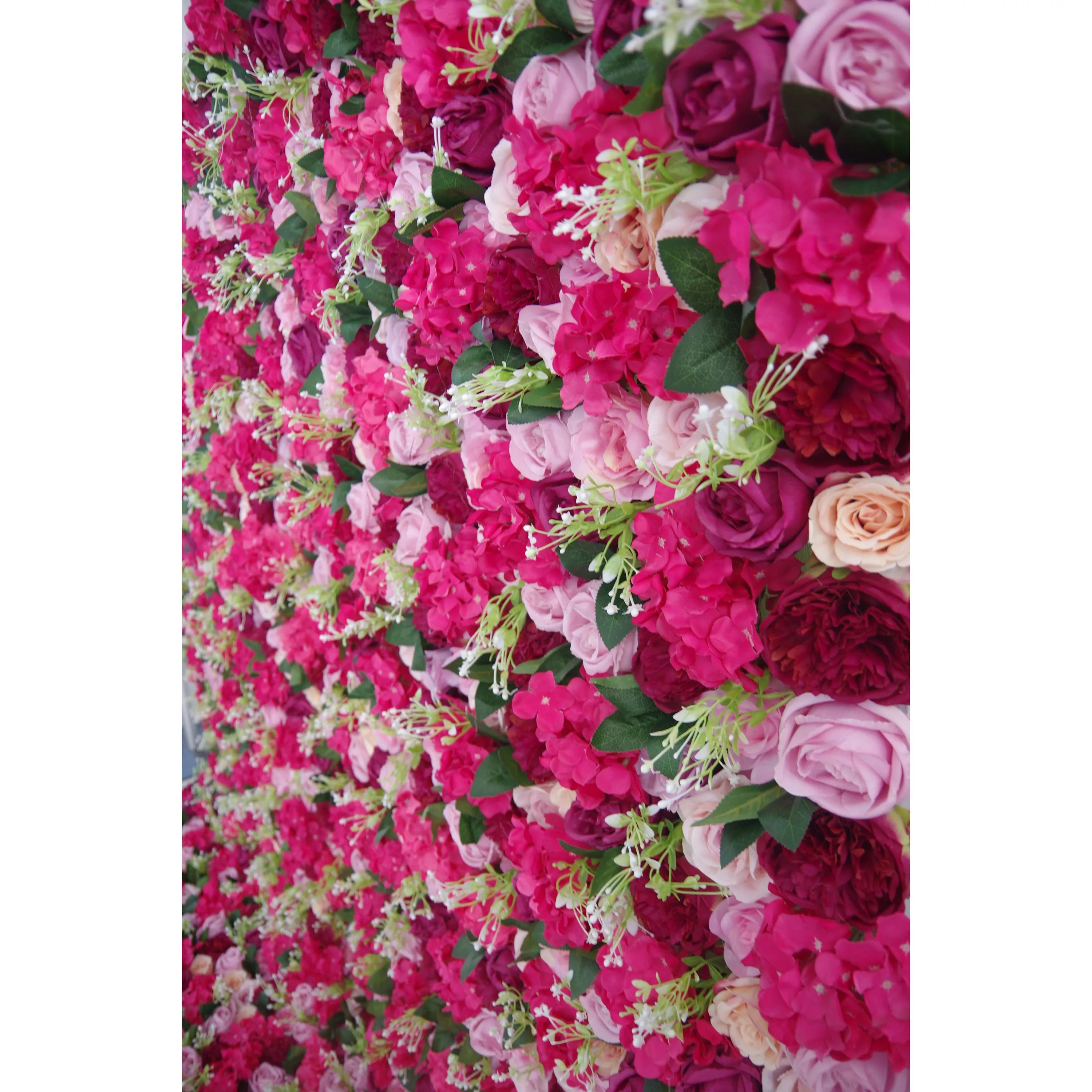 Valar Flowers artificial mixed cerise and dull pink flower wall roll up fabric for weddings and events0