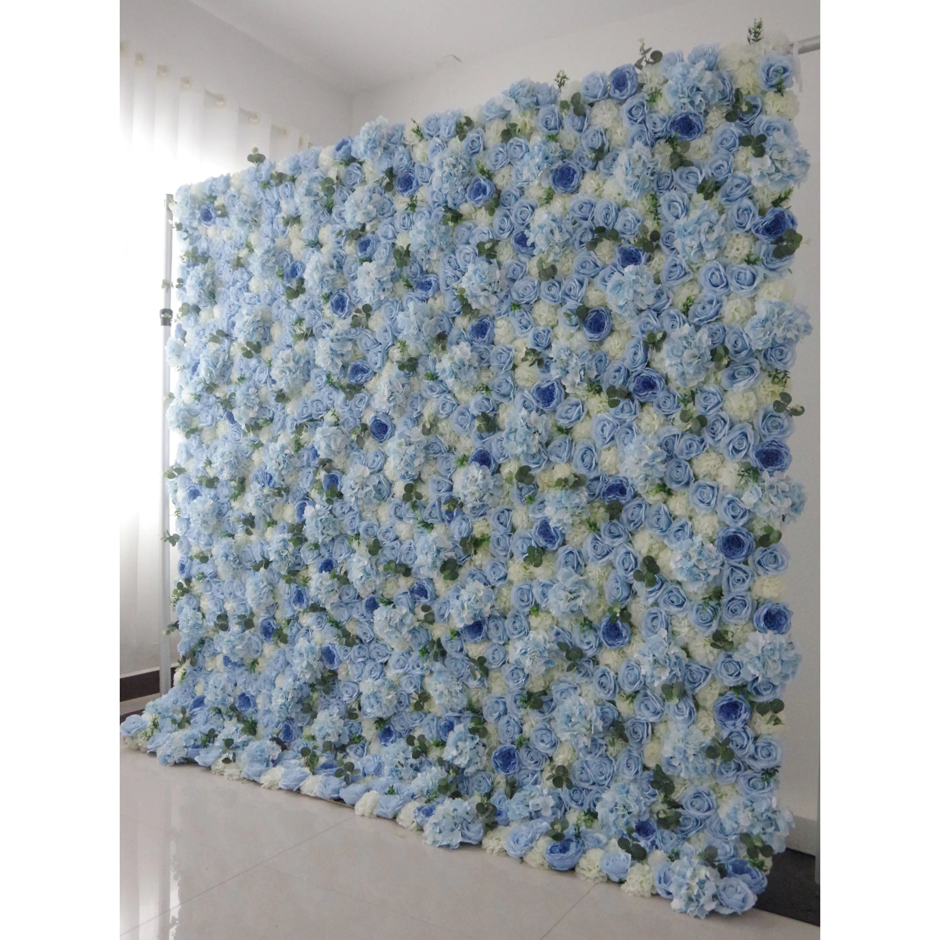 Valar Flowers Roll Up Fabric Artificial Mixed Baby Blue and White Green Flower Wall Wedding Backdrop, Floral Party Decor, Event Photography-VF-067