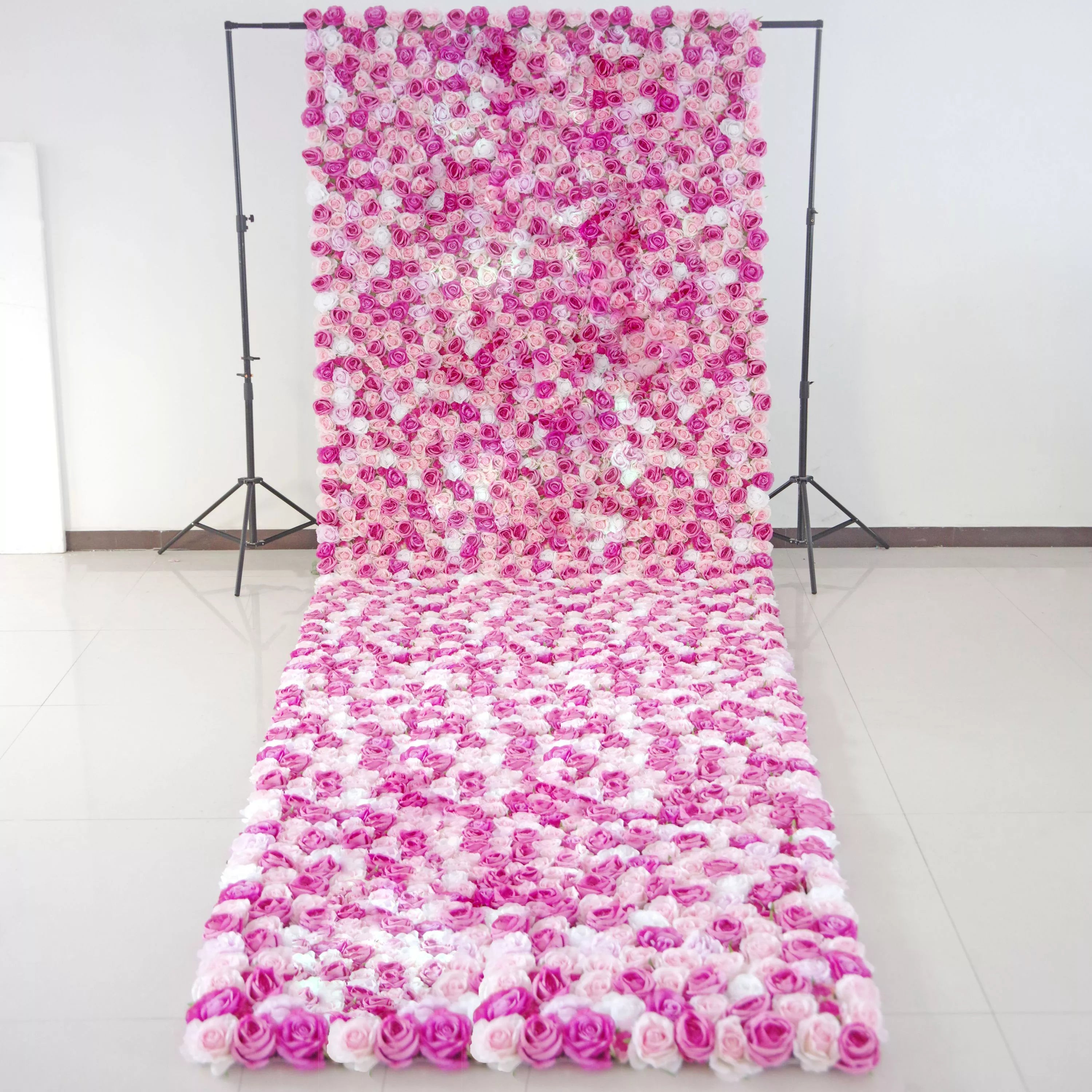 Valar Flowers Roll Up Fabric Artificial Pink Pearl and Rose Floral Wall Wedding Backdrop, Floral Party Decor, Event Photography-VF-073