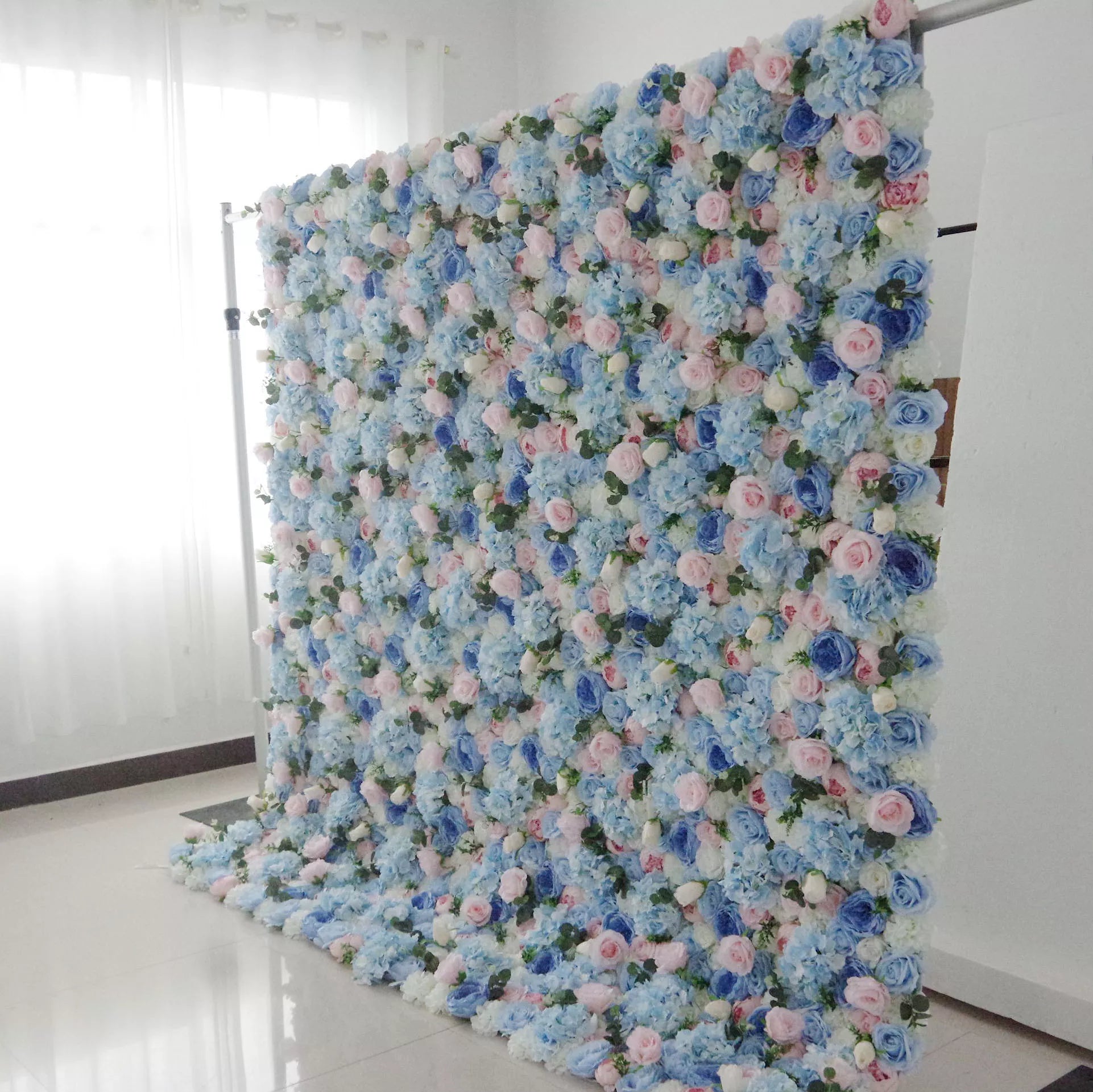Valar Flowers Roll Up Fabric Artificial Mixed Baby Blue, Pinky and White Floral Wall Wedding Backdrop, Floral Party Decor, Event Photography-VF-081
