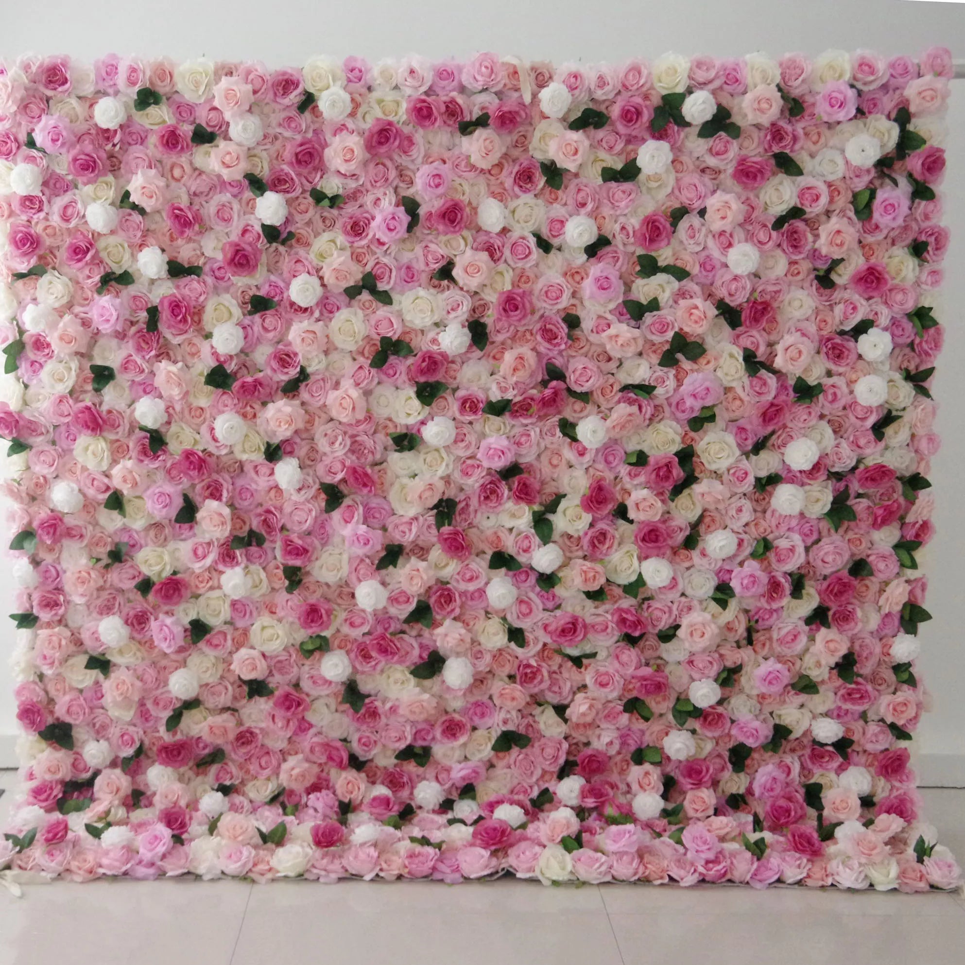 Valar Flowers artificial mixed pink and white floral wall roll up fabric for wedding backdrop, floral party decor, and event photography, model VF-0840