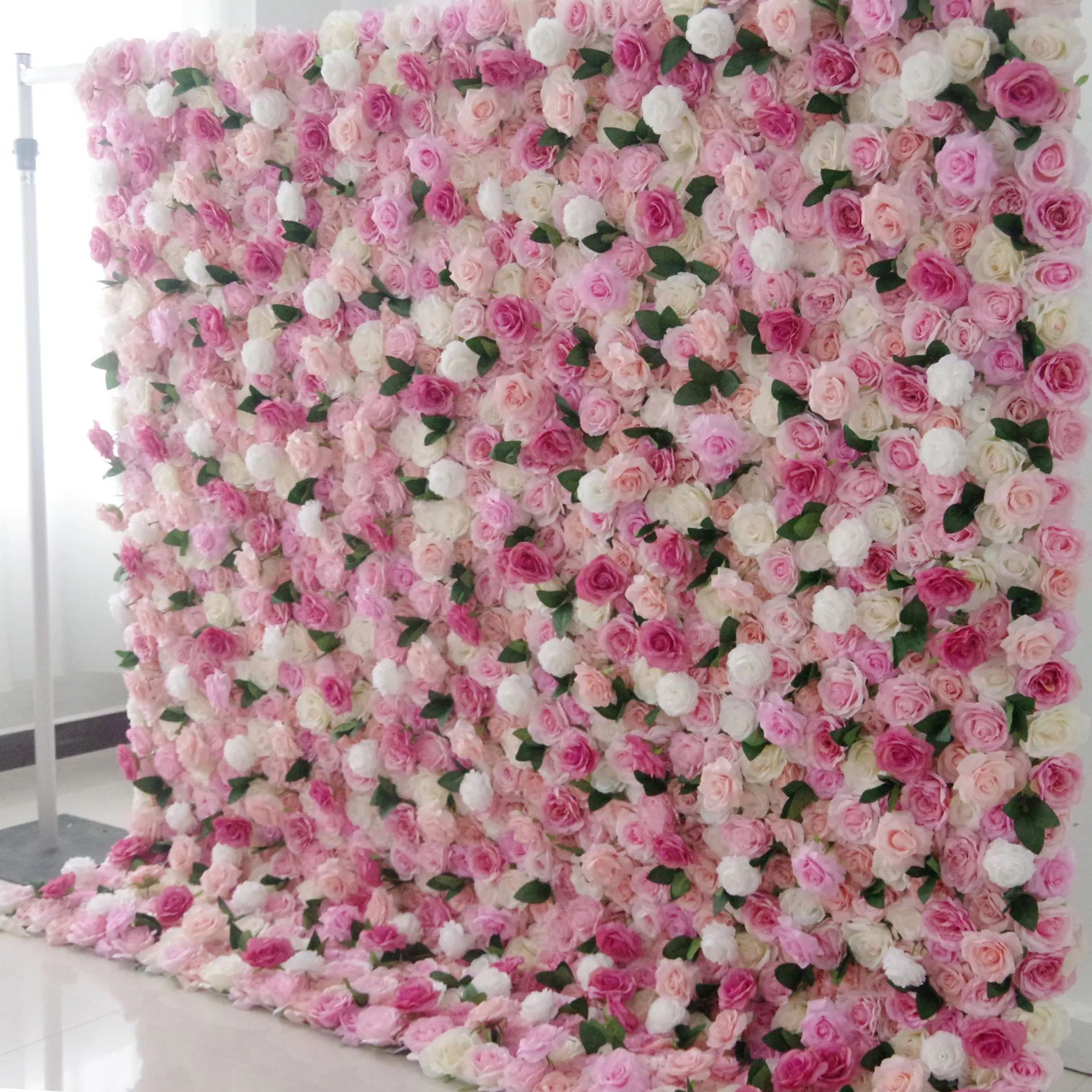 Valar Flowers artificial mixed pink and white floral wall roll up fabric for wedding backdrop, floral party decor, and event photography, model VF-0841