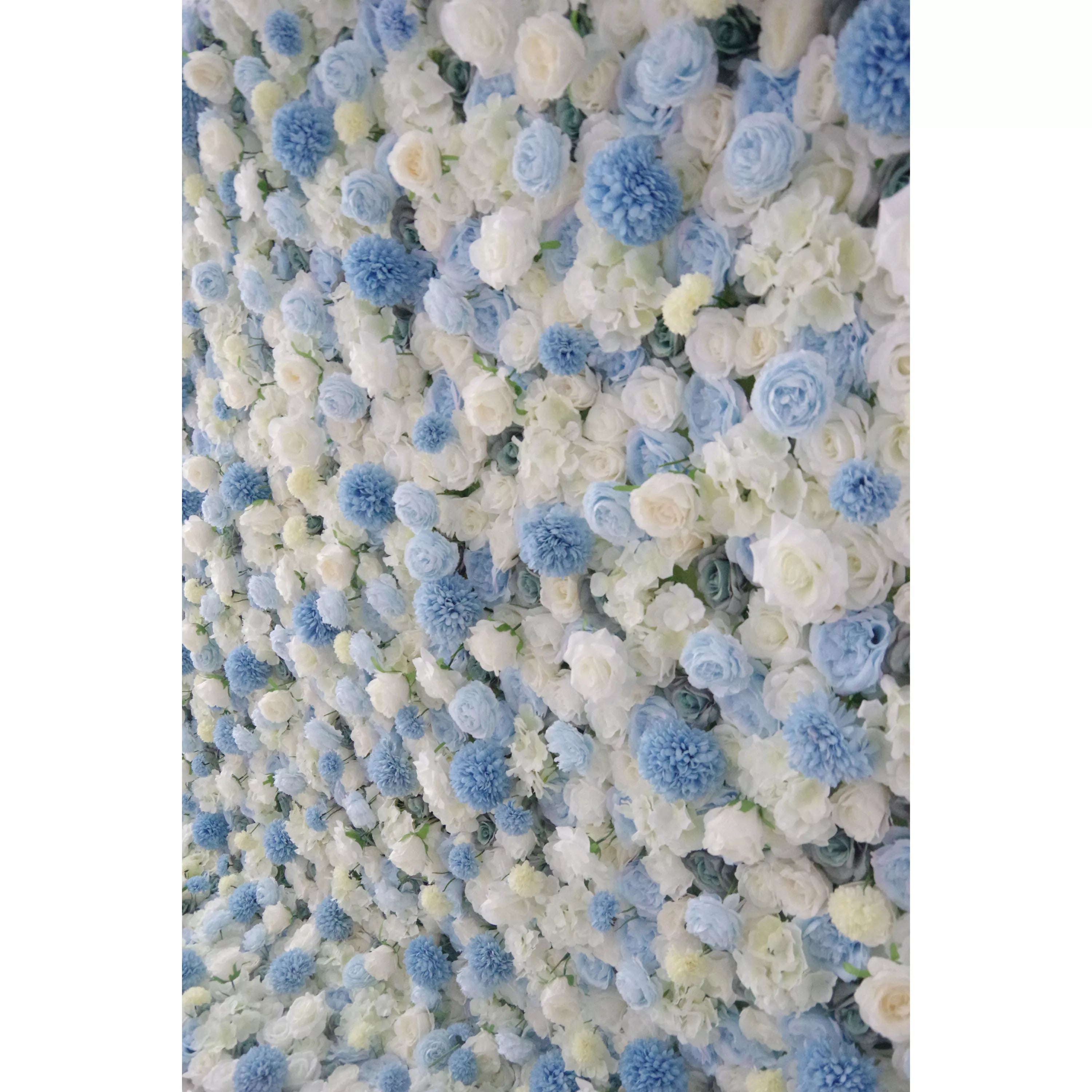 Valar Flowers Roll Up Fabric Artificial Mixed Baby Blue and White Floral Wall Wedding Backdrop, Floral Party Decor, Event Photography-VF-083