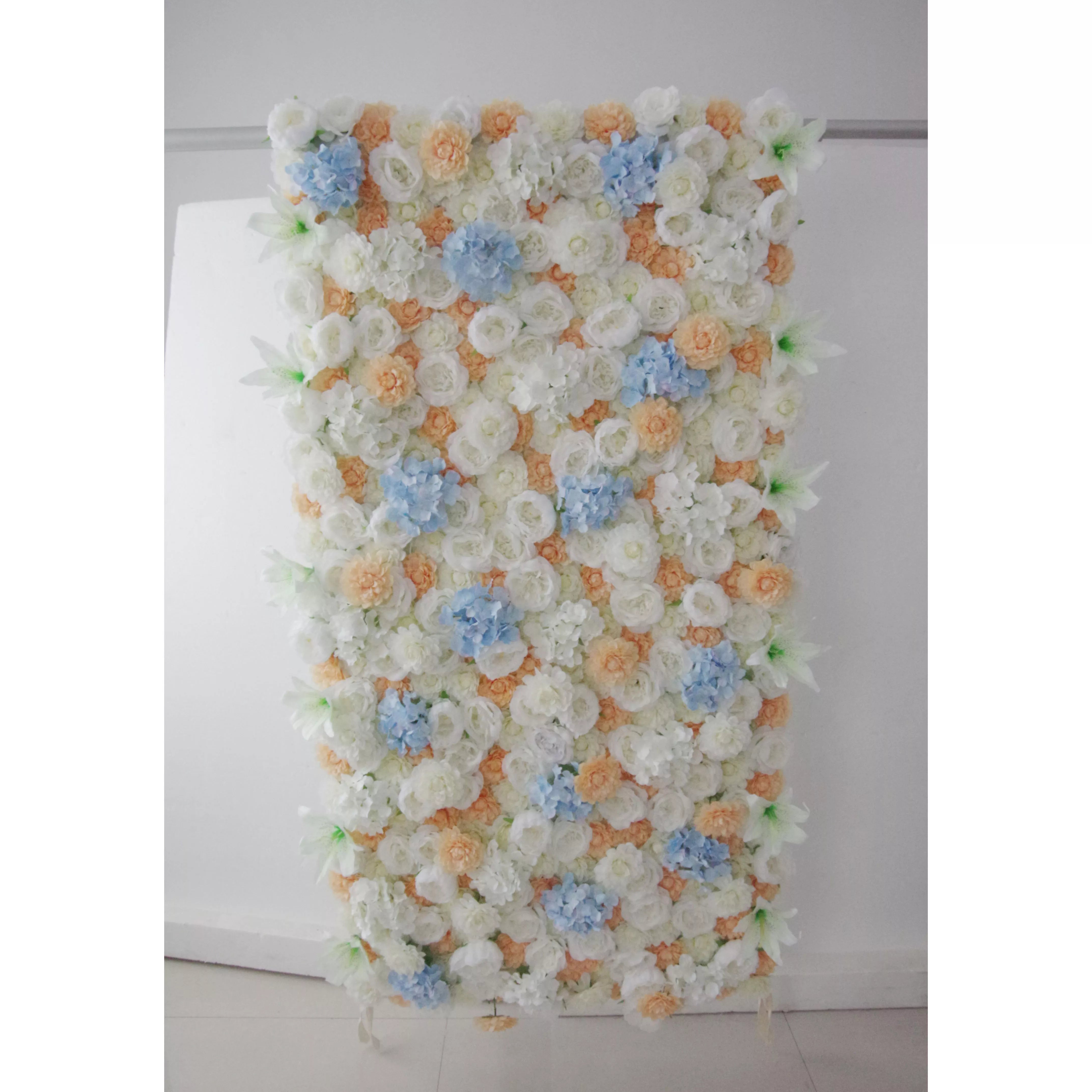 Valar Flowers Roll Up Tissu Artificiel Orange Mixte Blanc et Bleu Bébé Floral Mur Toile de Fond de Mariage, Décor de Fête Florale, Photographie d'événement-VF-096 