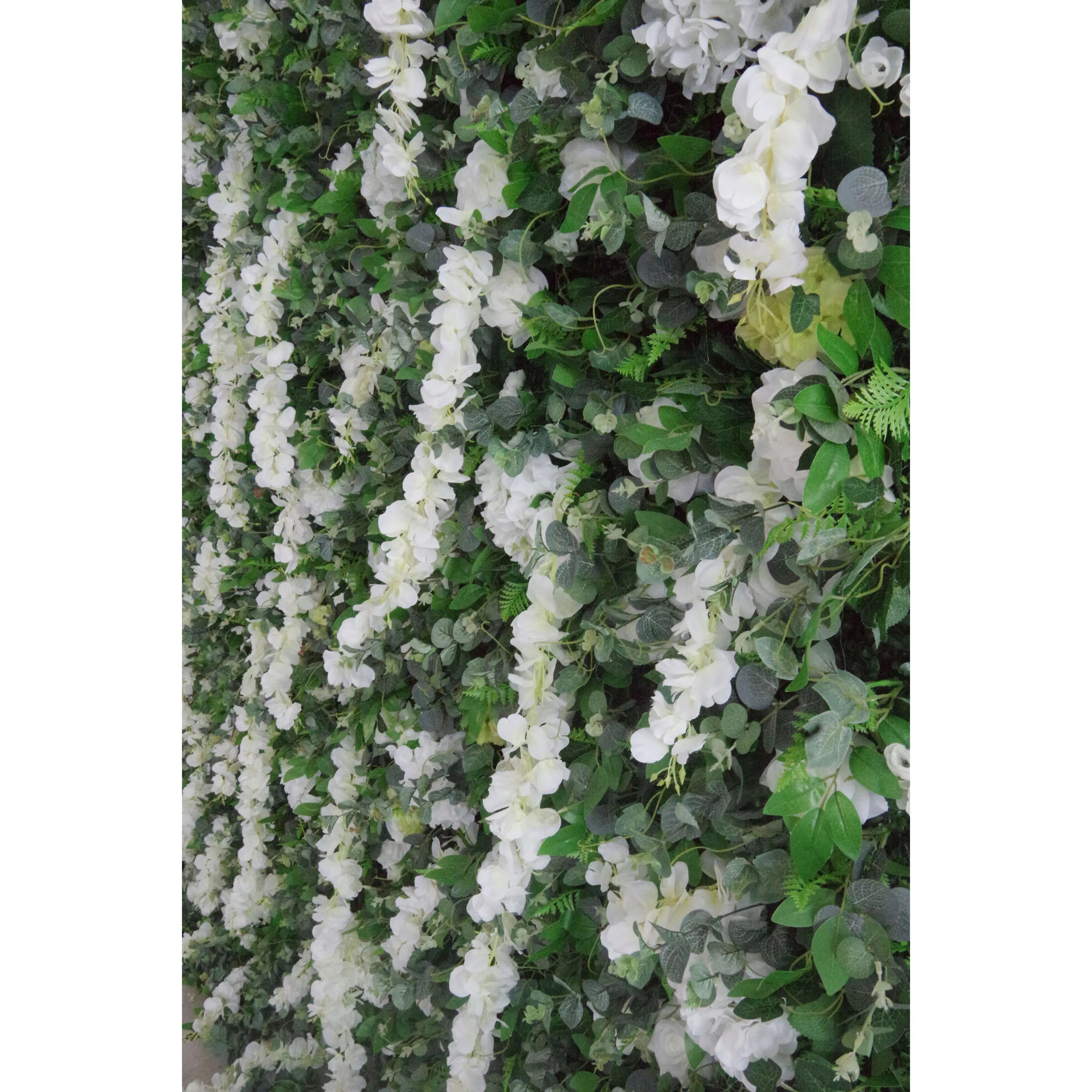 Valar Flowers Roll Up Tissu Fleur blanche artificielle et feuilles vertes vives Mur floral Toile de fond de mariage, décor de fête florale, photographie d'événement-VF-071 