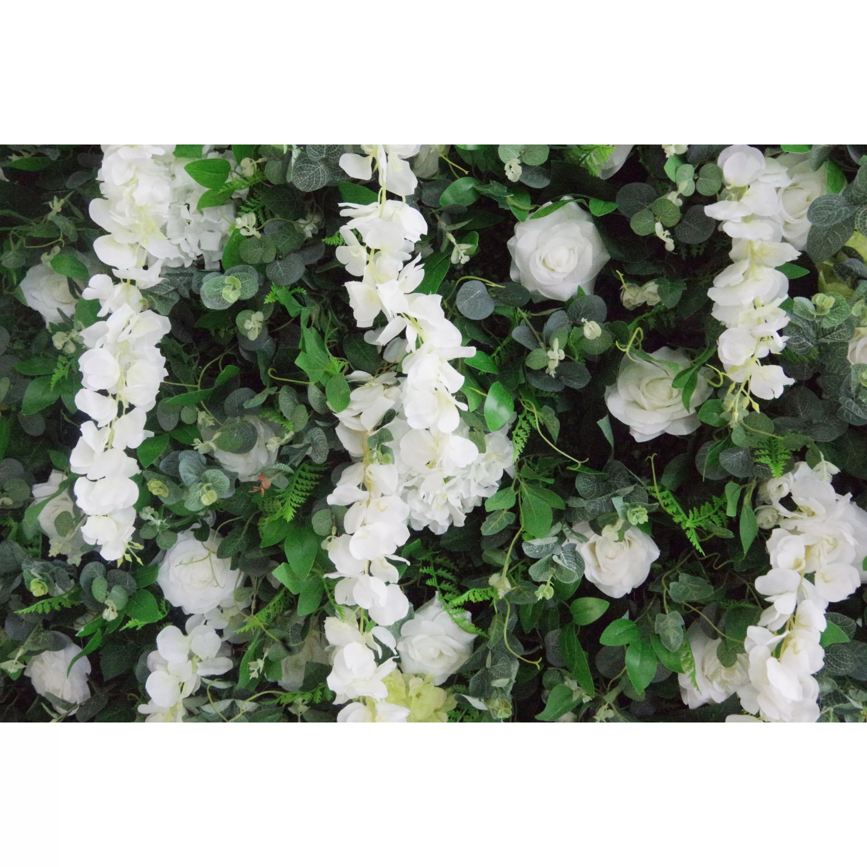Valar Flowers Roll Up Tissu Fleur blanche artificielle et feuilles vertes vives Mur floral Toile de fond de mariage, décor de fête florale, photographie d'événement-VF-071 