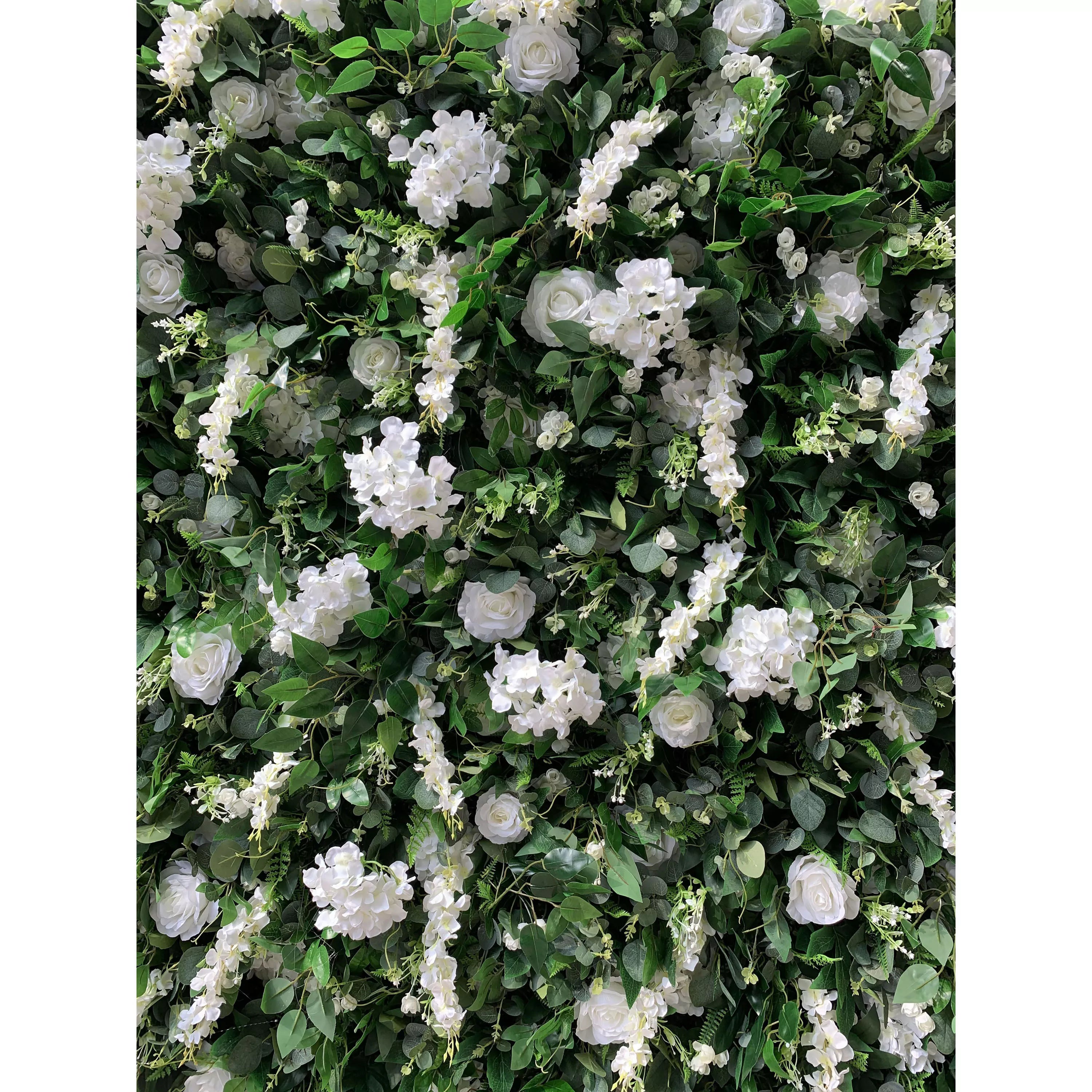 Valar Flowers Roll Up Tissu Fleur blanche artificielle et feuilles vertes vives Mur floral Toile de fond de mariage, décoration de fête florale, photographie d'événement-VF-071-2 