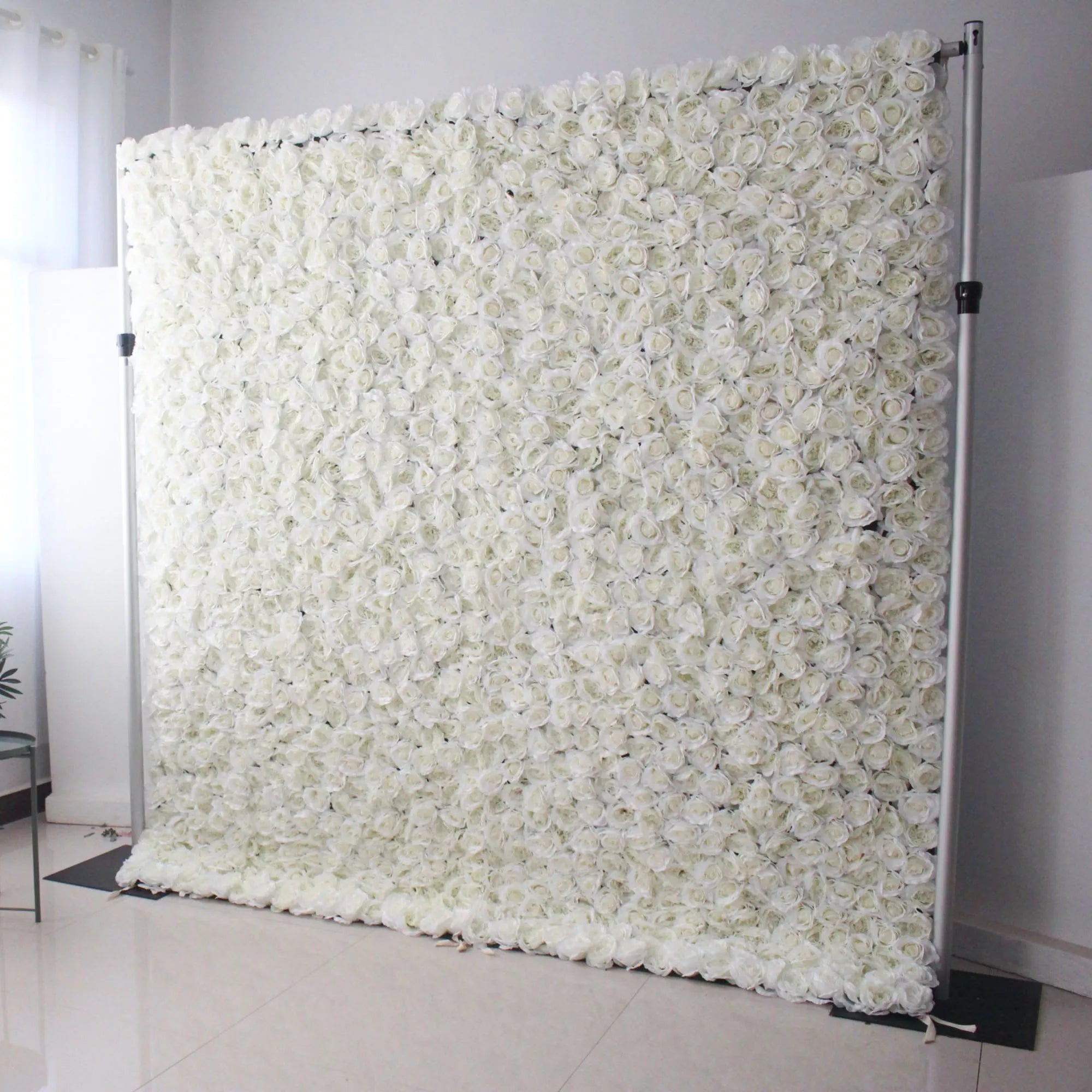 Valar Flowers Roll Up Fabric Artificial White Roses Flower Wall Wedding Backdrop, Floral Party Decor, Event Photography-VF-026