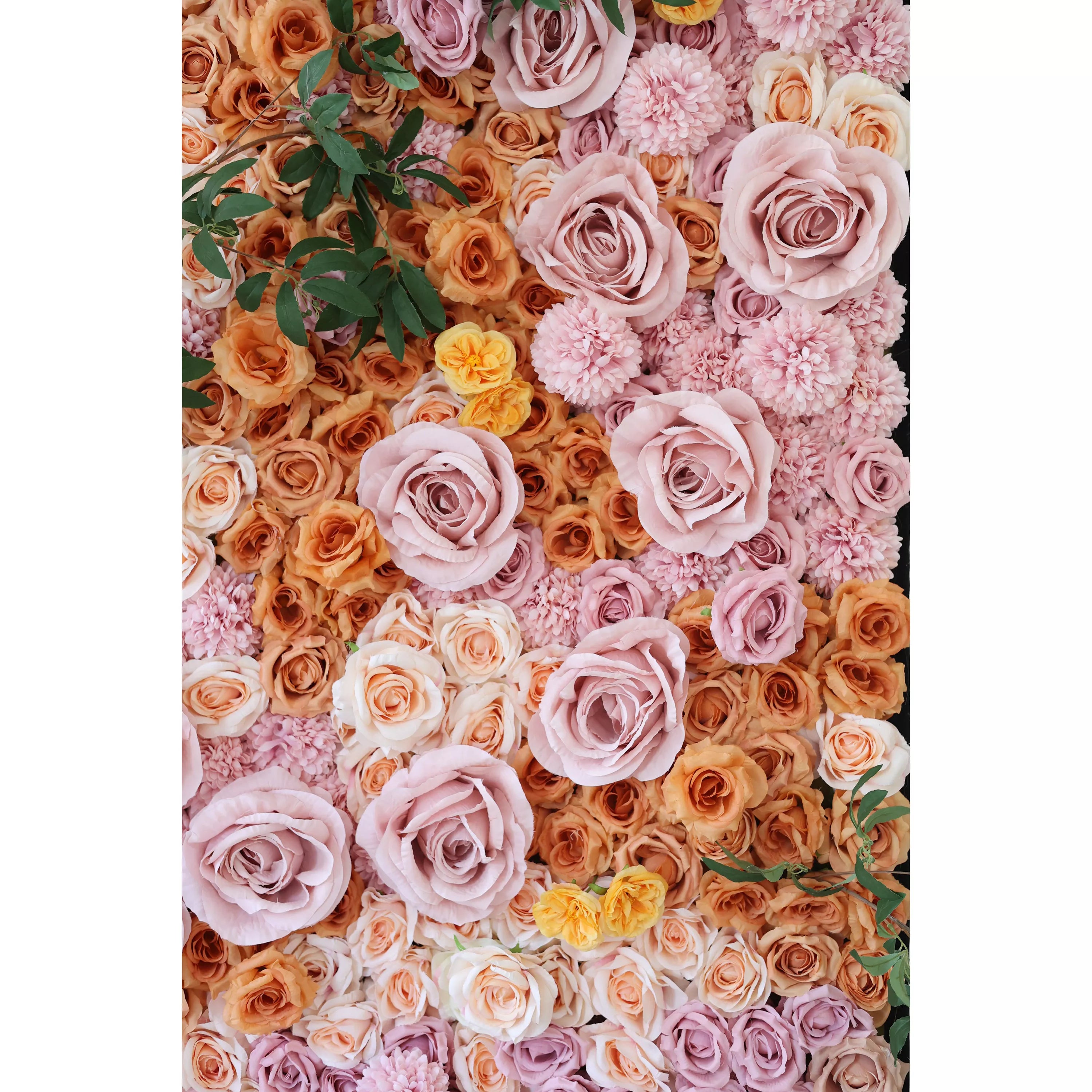 Detail look of ValarFlowers lush pink floral wall, boasting a rich blend of roses in warm hues. Ideal for spa settings or events, it offers a touch of elegance and nature-inspired tranquility. A must-have backdrop for any luxurious setting.