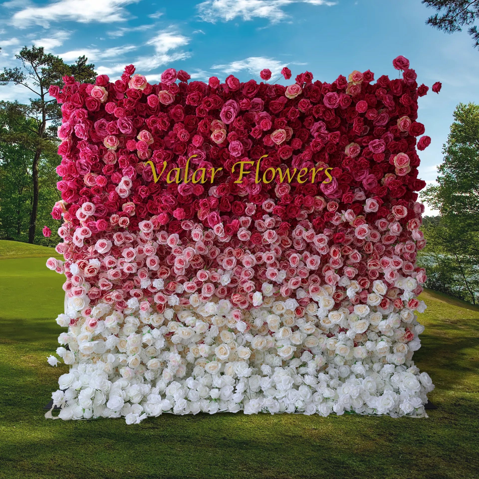 Valar Flowers Roll Up Fabric Artificiel Rouge à Blanc Dégradé Fleur Mur Toile de fond de mariage, Décor de fête florale, Photographie d’événement-VF-372 